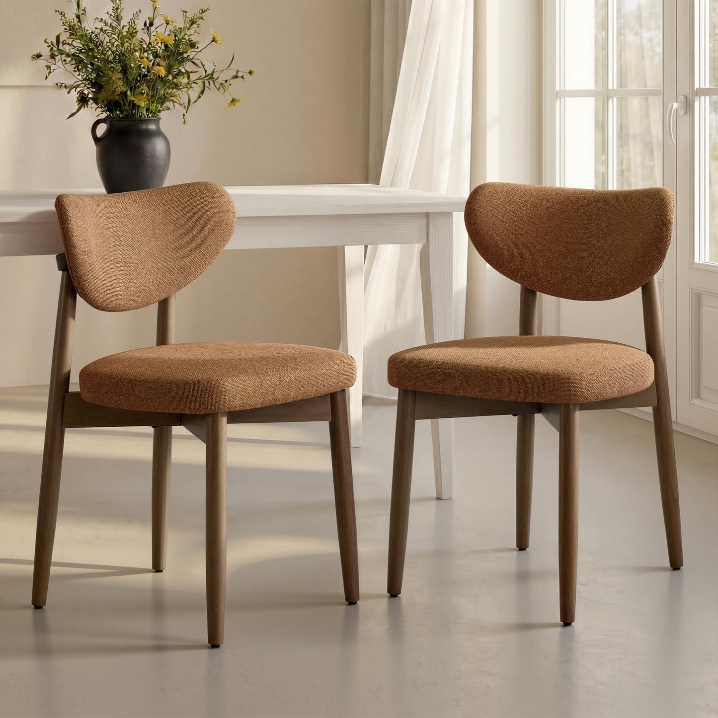VASAGLE Wooden Dining Chairs Set of 2, Upholstered Kitchen Chairs with Solid Wood Legs, Ergonomic Curved Backrest, Built-in Handle, Mid Century Modern, for Kitchen Dining Vanity, Caramel Brown