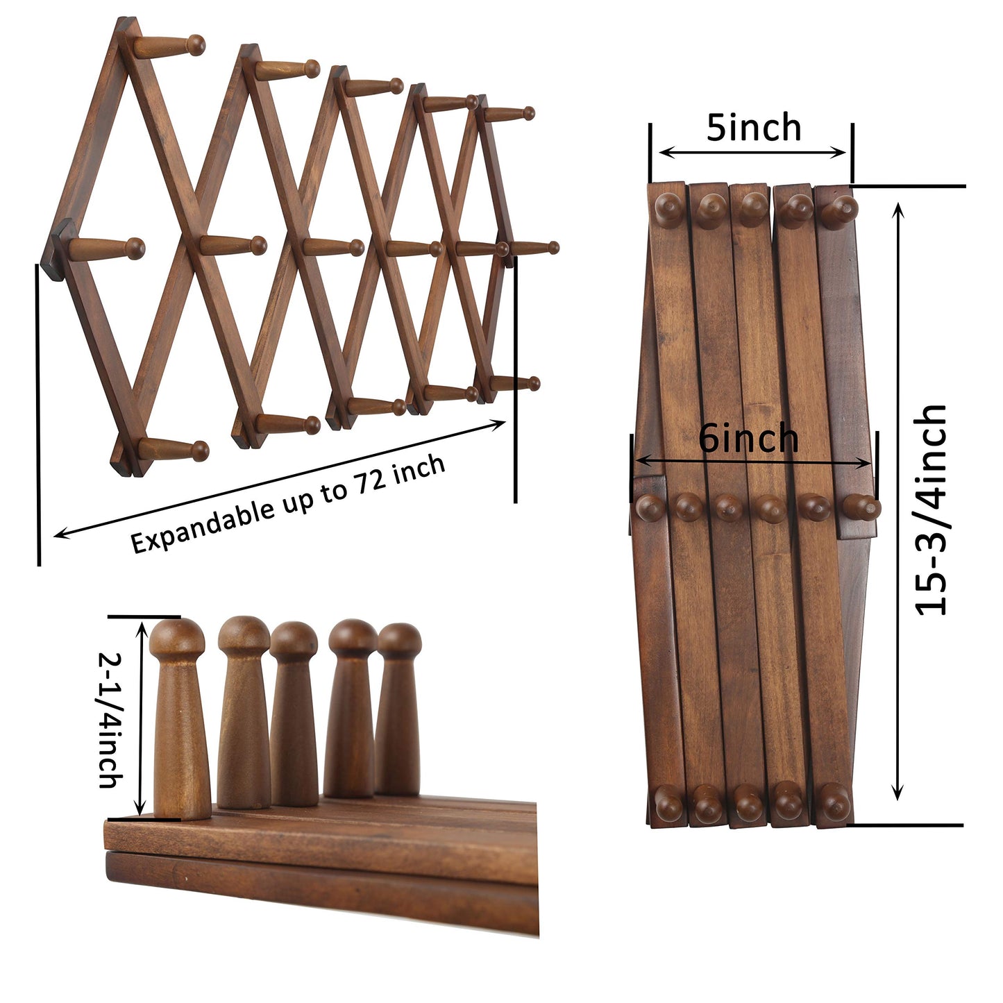 WEBI Accordion Wall Hanger, Wooden Coat Rack Wall Mounted, Hat & Cap Hook Rack, 16 Peg Hooks, Walnut Color