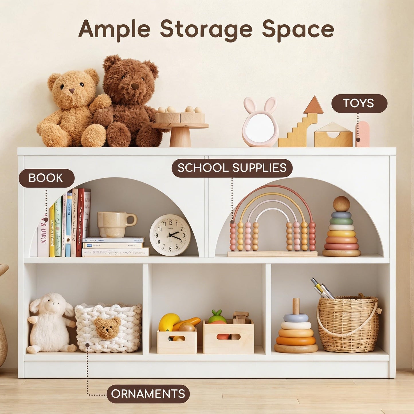 Fatmok 4 Pack Montessori Bookshelf, Modern Arched Wooden Toy Organizer, 5-Section Storage Shelf with Curved Edge, Decorative Furniture for Kids Room Play Area Nursery Kindergarten, White