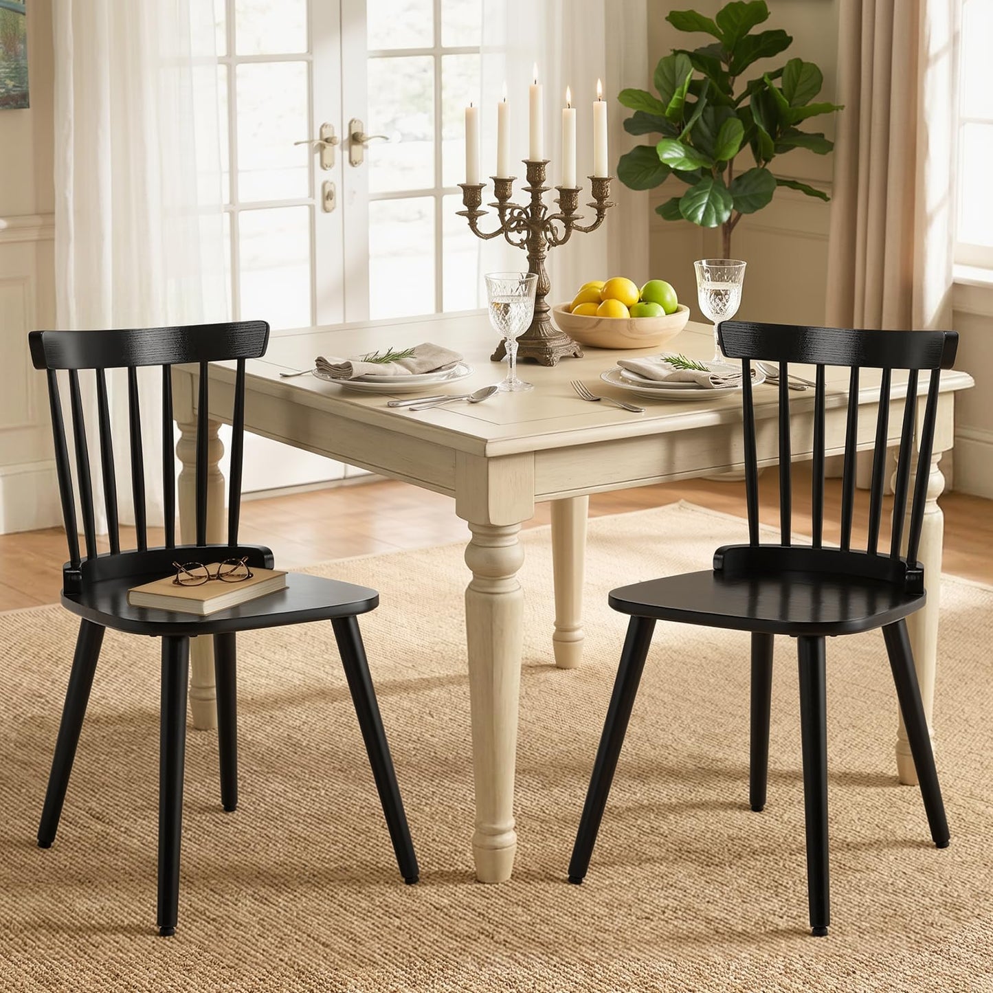 WOOW DEPOT Black Dining Chairs Set of 2, Farmhouse Windsor Spindle Back