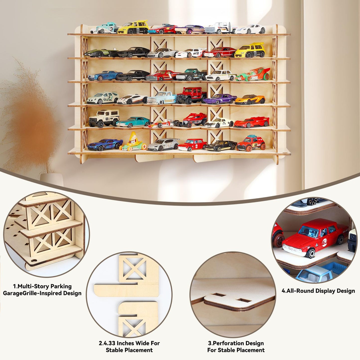 Wood Toy Car Hot Wheels Display Rack, Holds 36 Diecast Cars Model Car Display Case 1/64 Scale Toy Cars Organizer Freestanding or Wall-Mounted Toy Car Storage Cabinet (Wood, Medium)