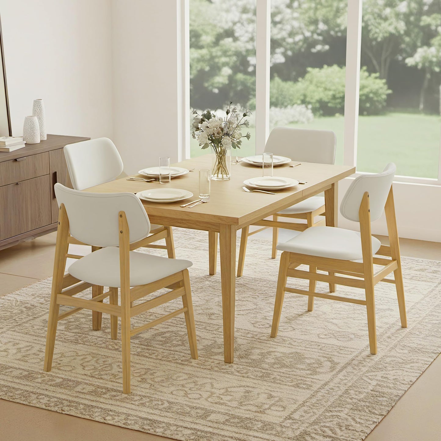 KISLOT Wooden Dining Chairs Set of 2, Upholstered Modern Dining Room Chairs, Solid Oak Wood Kitchen Chairs with Soft Cushion Backrest for Farmhouse, Restaurant, Café (Cream Fabric & Original Color)