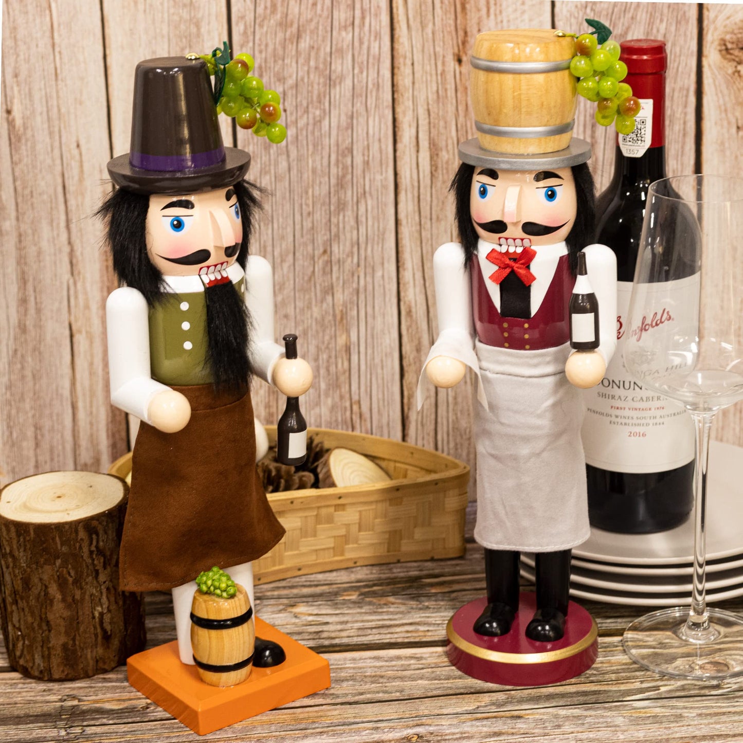 KI Store Wooden Nutcracker Figure Wine Maker Nutcrackers 14-inch Set of 2 Christmas Nutcracker Decorations for Kitchen Dinning Room Bar Table