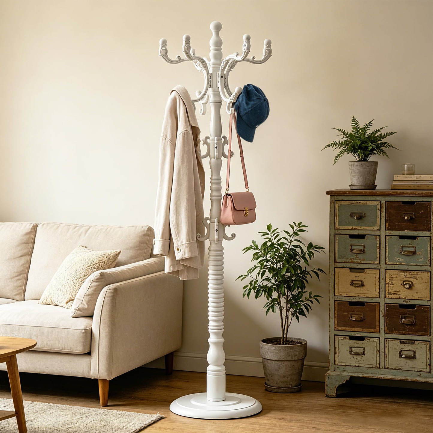 Oiotuesa Wood Coat Rack Freestanding with 14 hooks, Vintage Jacket hanger Tree for Entryway, Bedroom, Office, Hallway, 3-level Height Adjustment