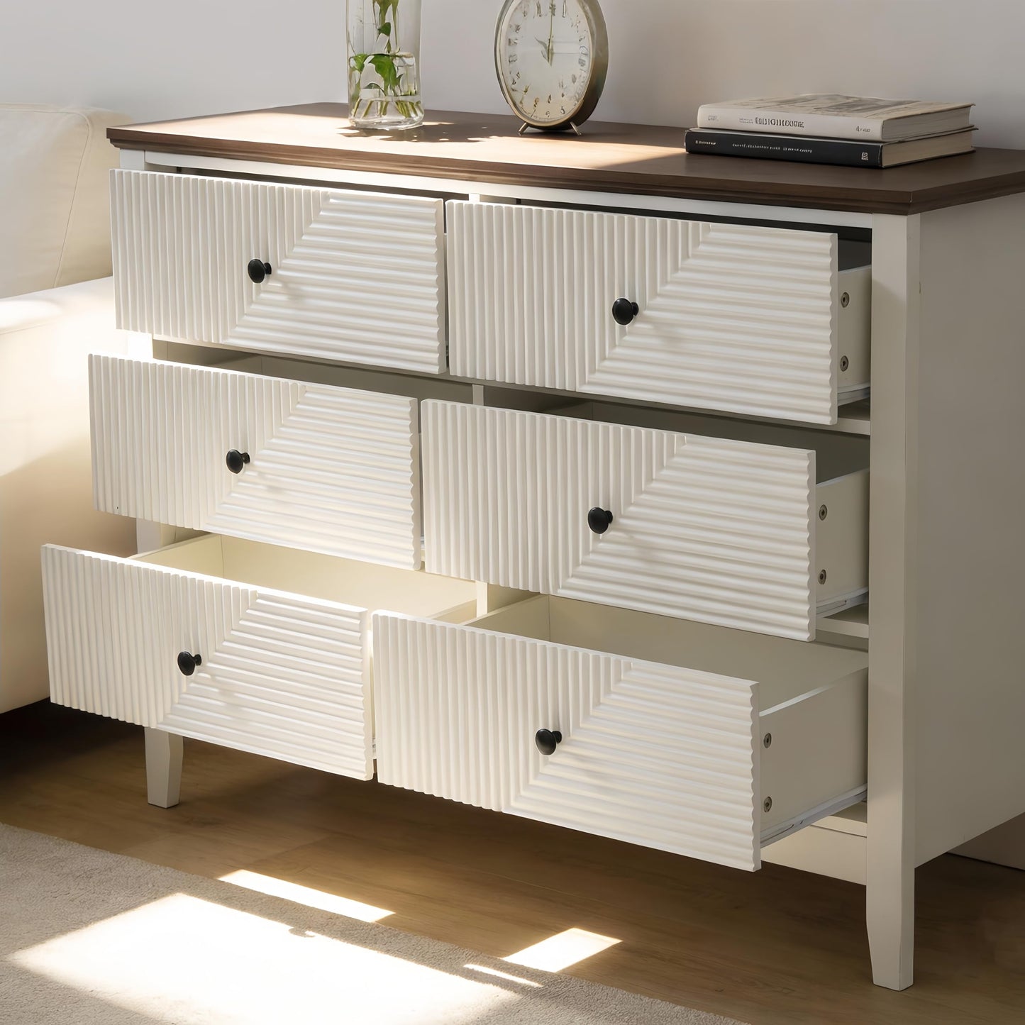 ZOOIQ White 6 Drawer Dresser for Bedroom, 47 Inch Wide Diagonal Grain Grooved Wooden, Brown Panel, Modern TV Stand Storage Cabinet, Suitable for Foyer and Aisle