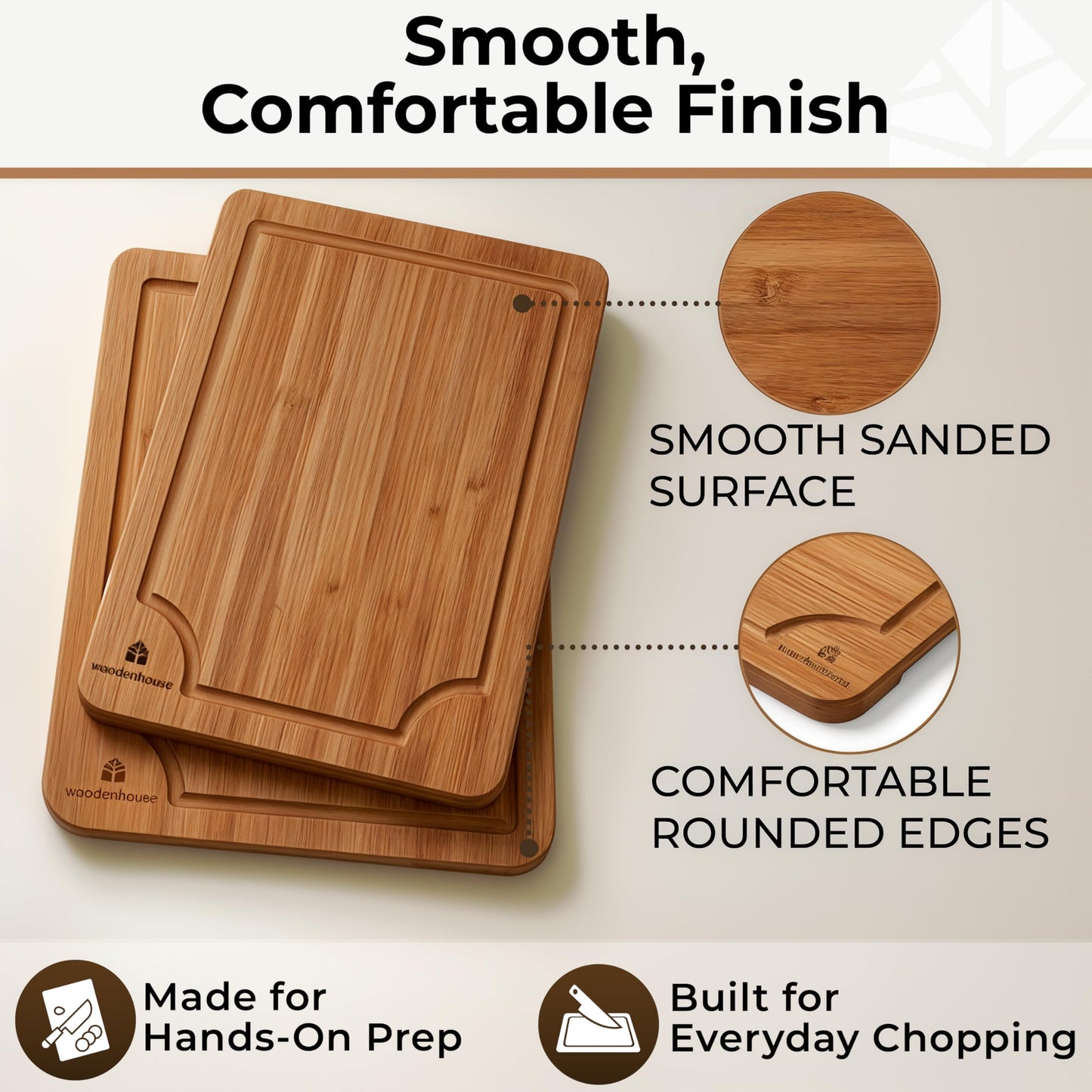 Wooden Cutting Board Set of 3 - Thick & Durable Bamboo Wood Cutting Boards for Kitchen - with Deep Juice Grooves & Built-In Handles - Large Surface, Easy to Clean - for Meat, Vegetables and Fruits