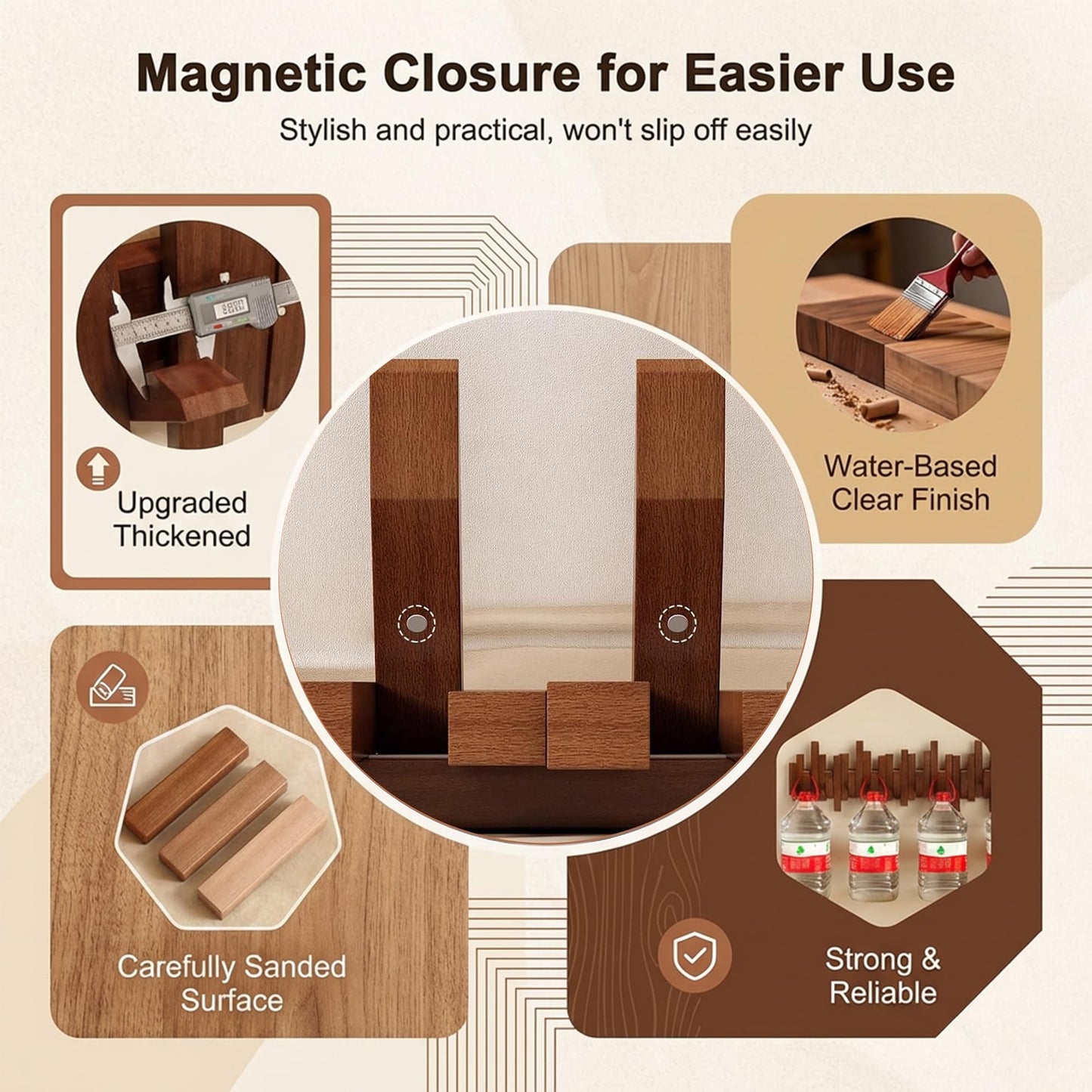BWCXR Wall Mounted Wooden Coat Rack with Flip-Down Piano Key Hooks, Hardwood Heavy Duty Wall Hook Rack with Hidden Mount for Entryway, Coats, Bags & Hats, Walnut Wood with 8 Hooks