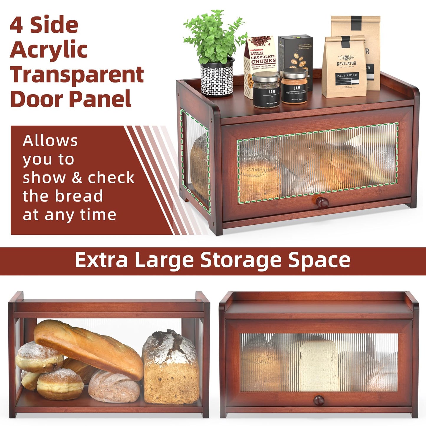 BAMBANG Bamboo Bread Box for Kitchen Countertop, Extra Large Farmhouse Bread Box with 4-Side Clear Panels, Wooden Bread Storage Container for Homemade Bread, Brown