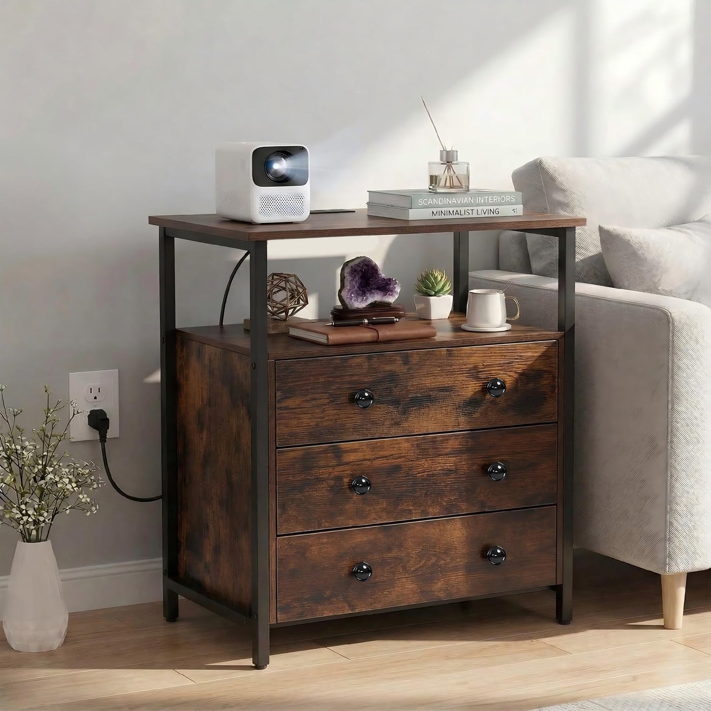 Edbuosy 3 Wooden Drawers Night Stand, 27 Inch Wide Nightstand with Charging Station and Adjustable Drawers, Small Dresser for Closet, Bedside Table for Living Room/Bedroom/Office, Retro Brown