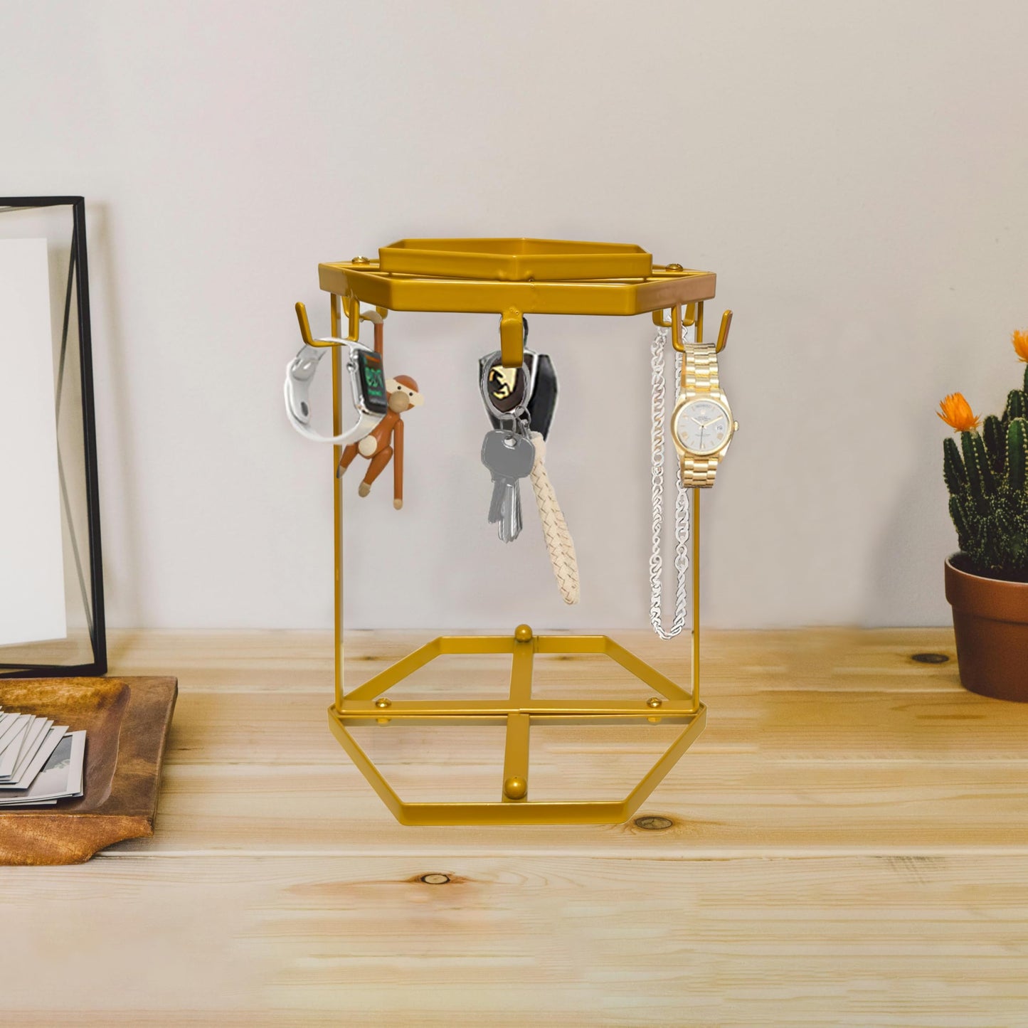 LWXPAIYY Coffee Mug Holder Countertop,Yellow Metal Coffee Cup Holders for Counter,Matte Muted Gold Mug Stand Rack for Counter Top 6 Hooks(Hexagon)