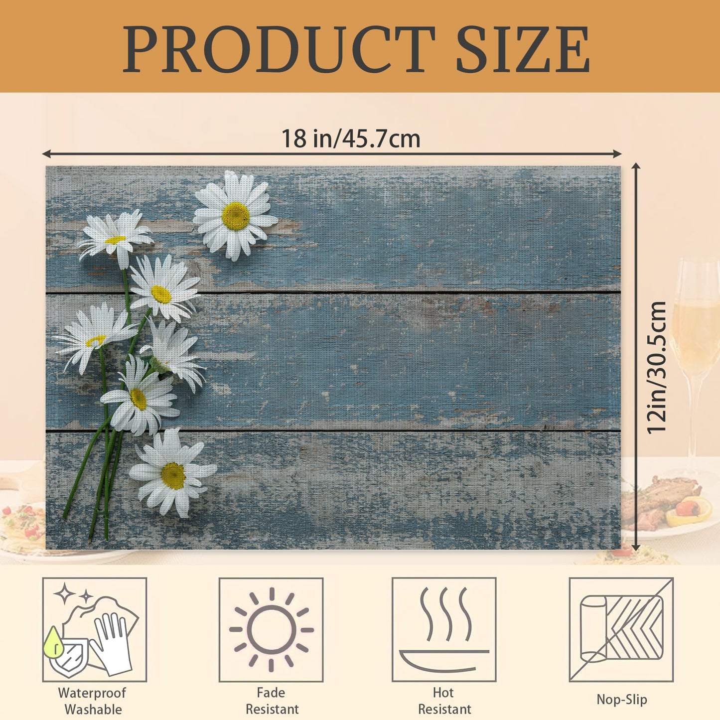 Placemats Set of 6,Daisy Flowers on Wooden Linen Place Mats,Modern Washable Table Placemats 12"x18" Heat Resistant Table Mats for Dining Kitchen Party Holiday Decoration