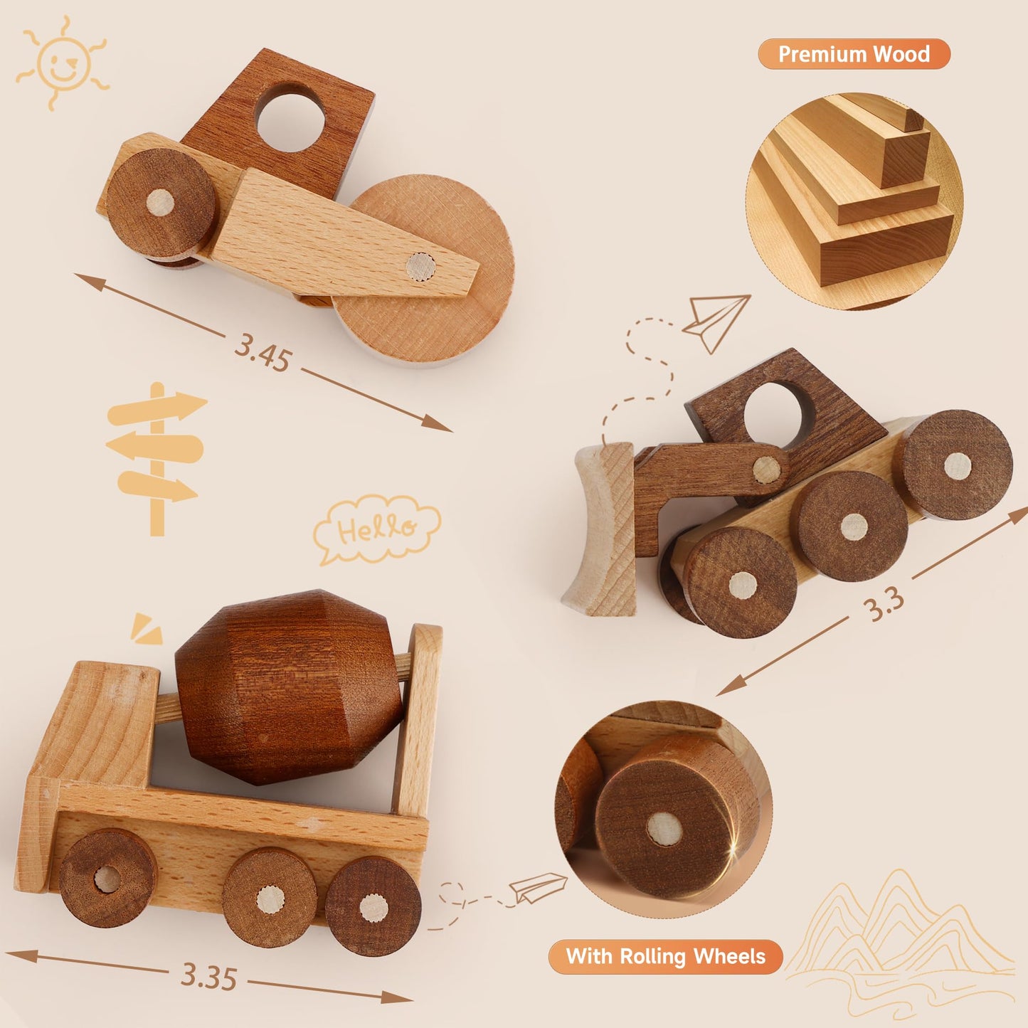 MONT PLEASANT Wooden Construction Vehicle Toy Set of 3, Toddler Montessori Toys Cement Truck Bulldozer Steam Roller Toy Car with Rolling Wheels, Kid Construction Toys Educational Gift for Boys & Girls