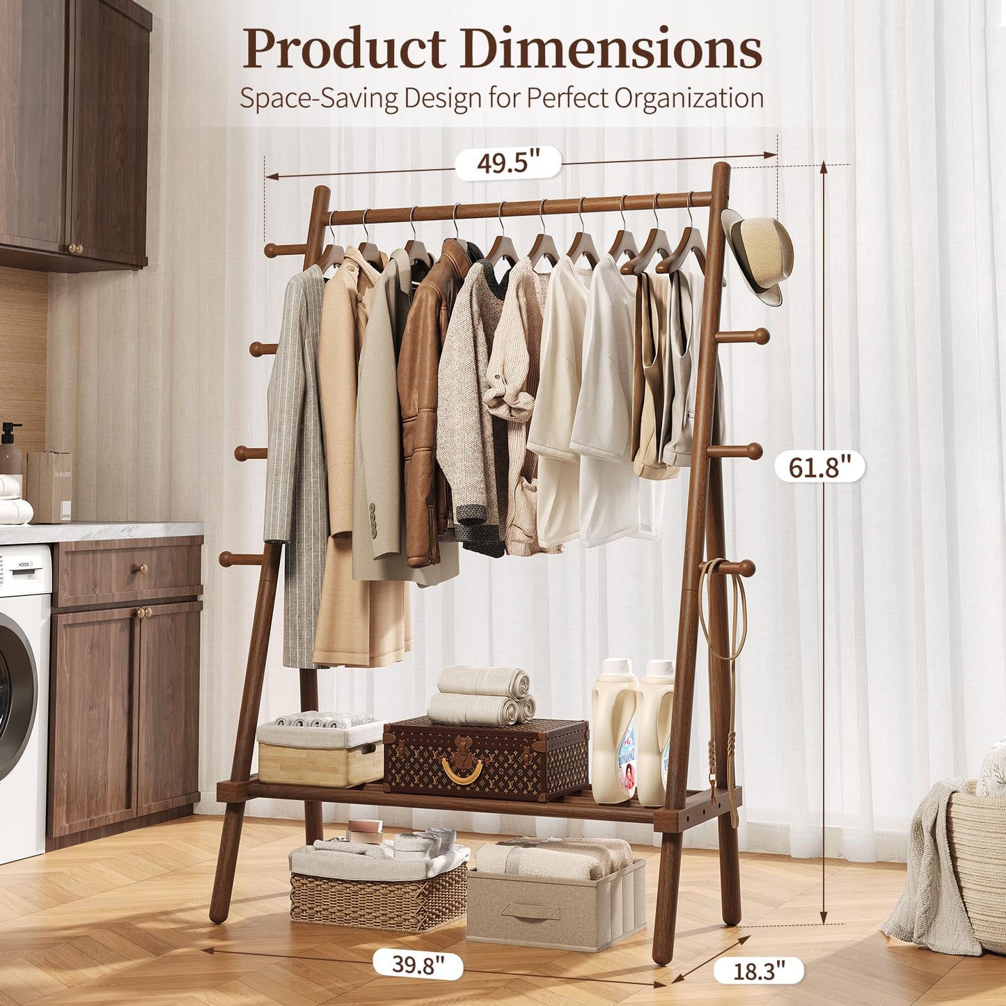 Yoobure Solid Wood Clothes Rack - Heavy Duty Clothing Racks for Hanging Clothes with 8 Hooks, Portable Garment Rack for Dress Shirt Shoe, Freestanding Wardrobe Coat Racks with Shelf for Closet Bedroom