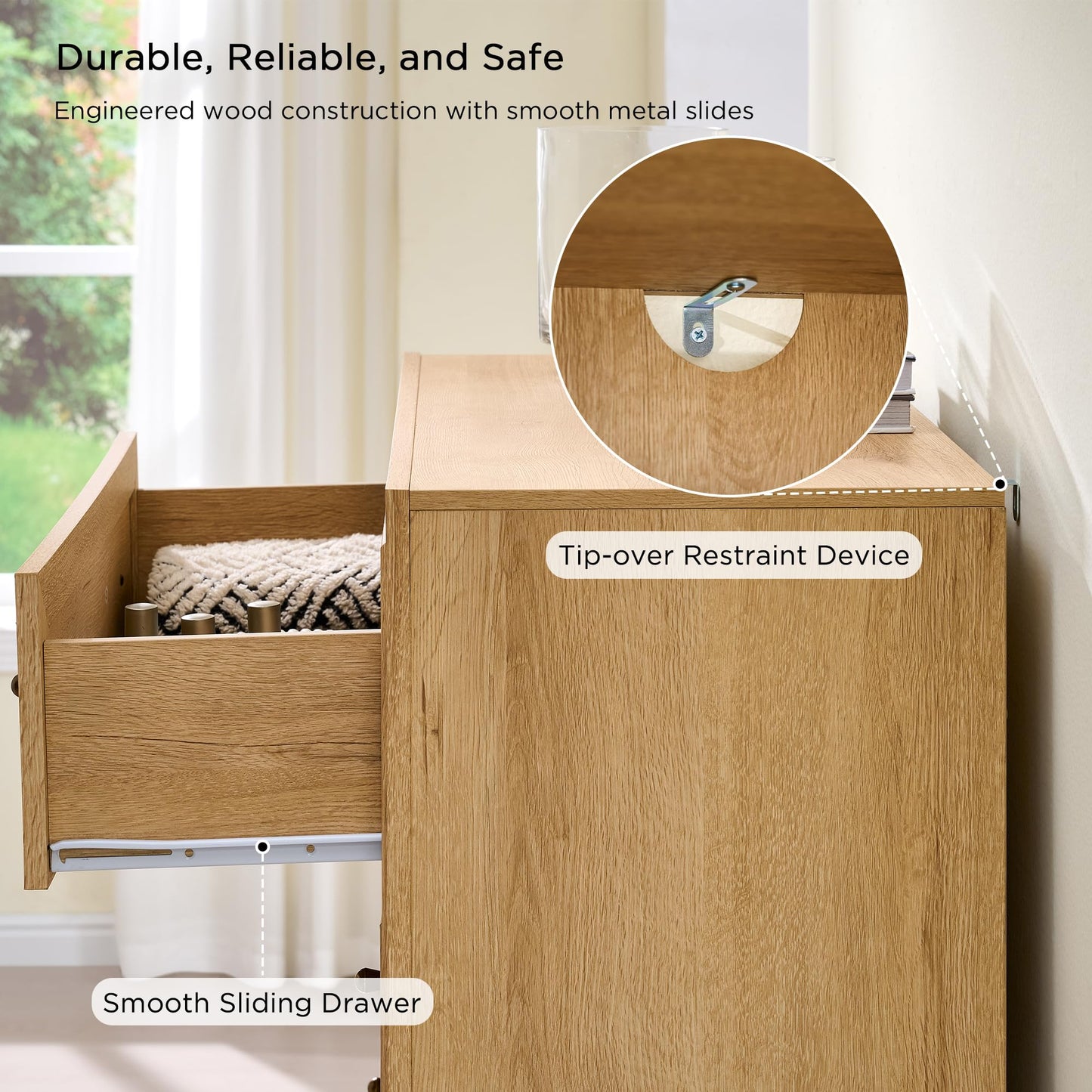 ACCOHOHO 5 Drawer Dresser with Two Included Base Styles, 46" Tall Chest of Drawers, Transitional Modern Closet Dresser with Antique Brass Knobs, Wooden Dresser for Bedroom, Living Room, Natural Oak