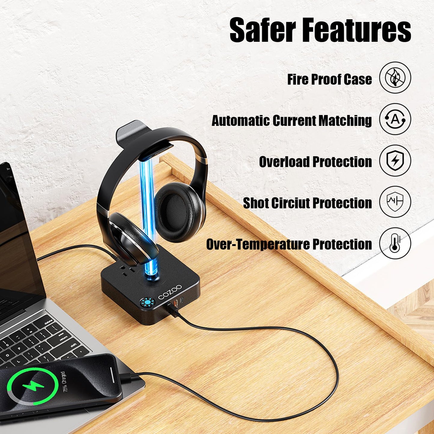 RGB Headphone Stand with USB Charger COZOO Desktop Gaming Headset Holder Hanger with 3 USB Charger and 2 Outlets - Great for Gaming, DJ, Wireless Earphone Display,Gamer PC Accessories Boyfriend Gifts