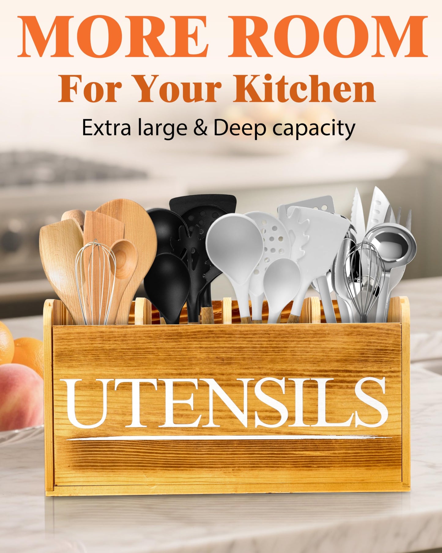 brekle Kitchen Utensil Holder for Kitchen Counter Large Wooden Organizer for Cooking Utensils Utensil Holder Counter Farmhouse Décor (Farmhouse Wooden)