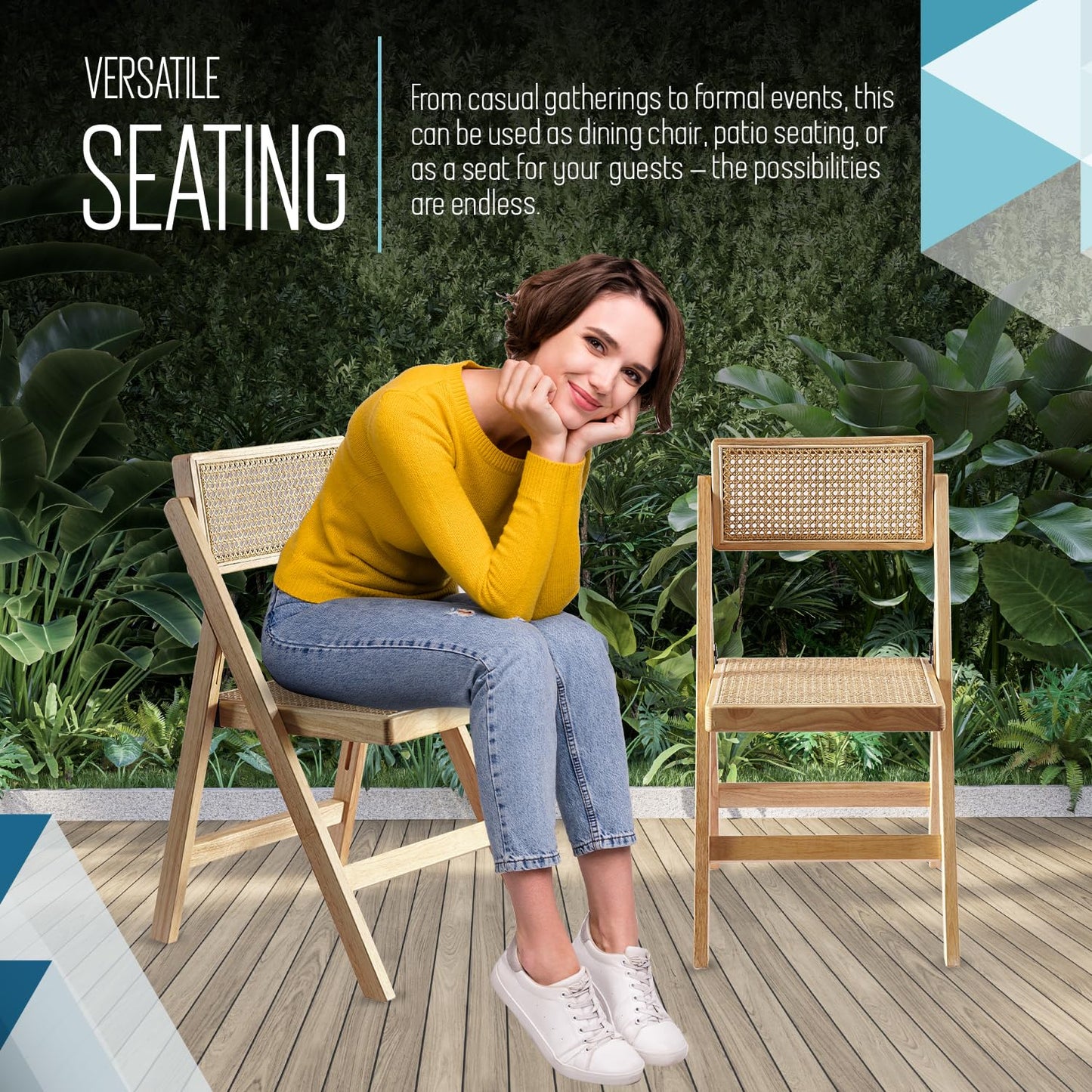 ISL Furnishings Ibiza Rattan Chair, Natural, Set of 1 – Folding Modern Rattan Chairs for Outdoor Dining, Patio, Accent Chair for Living Room and Office, Foldable Space-Saver Design
