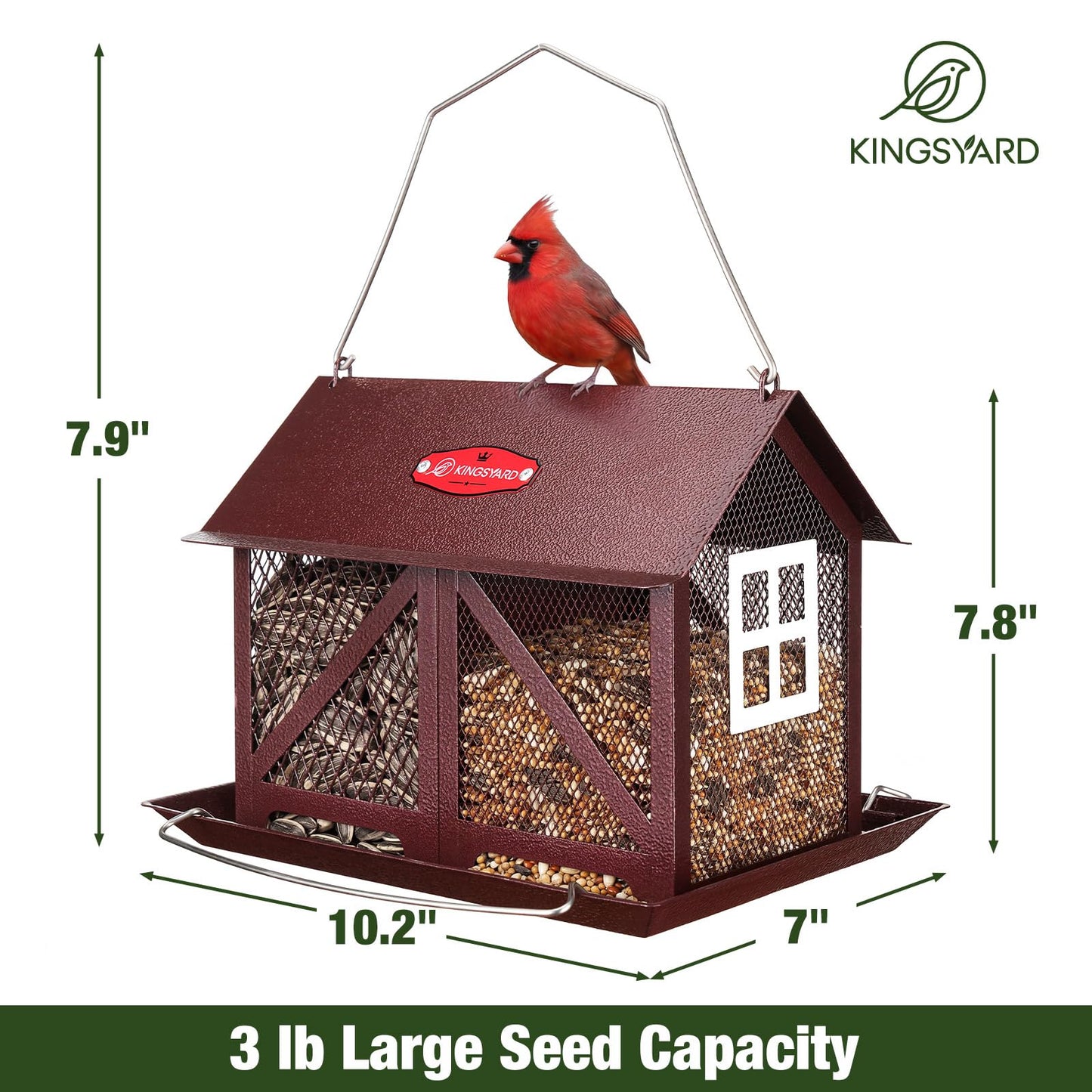 Kingsyard Metal Bird Feeder for Outdoors Hanging, 2-in-1 Wild Bird Feeder with Seed Tray & Built-in Perch, 5 lb Large Capacity for Cardinal Chickadee Finch, Bronze