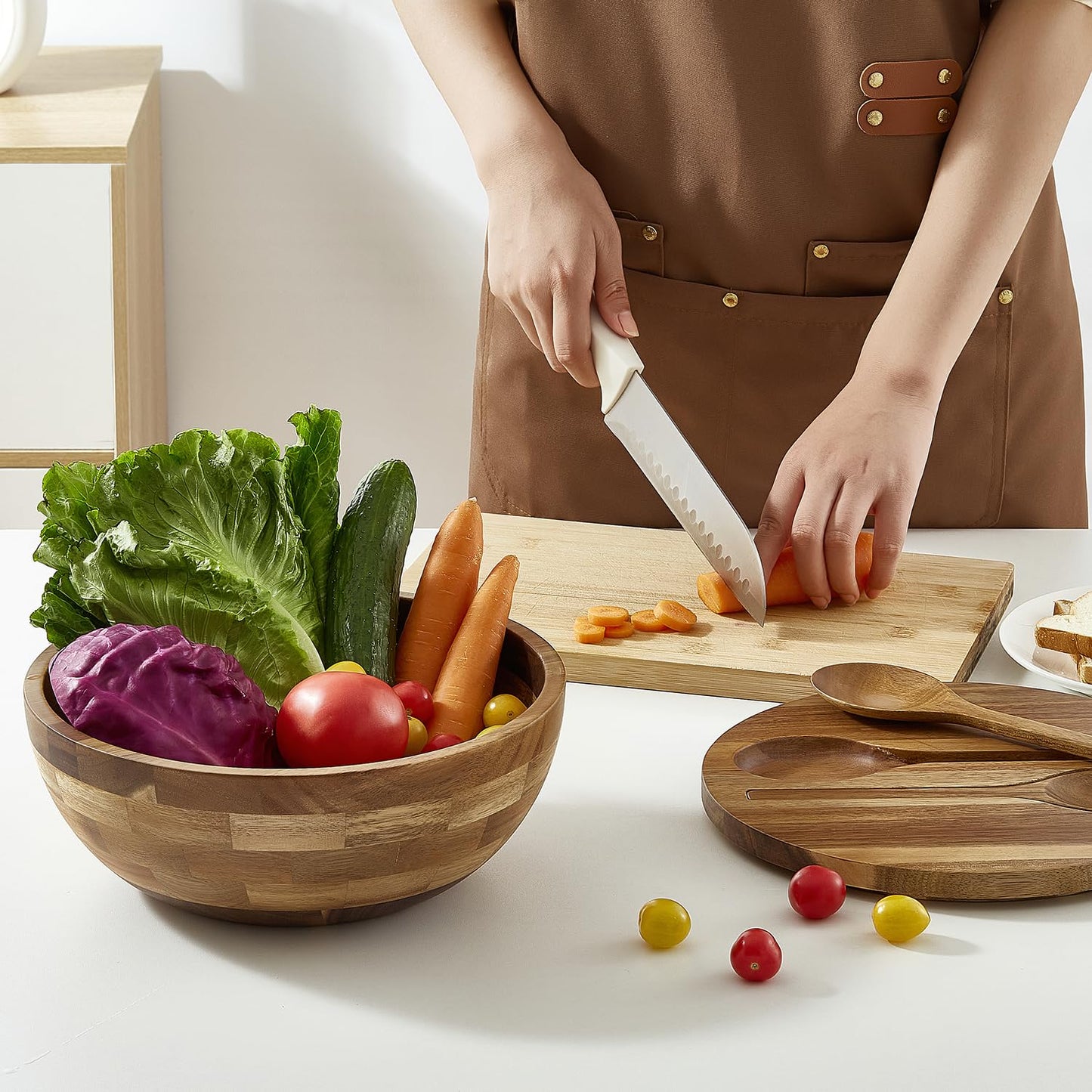 ECWAY Acacia Wooden Salad Bowl with Lid, Built-in Acacia Wood Utensils, 10.5" Large Wood Serving Bowls for Fruits, Salad, and Vegetables, Big Wood Salad Bowls Set 4-Piece, All-in-One Design