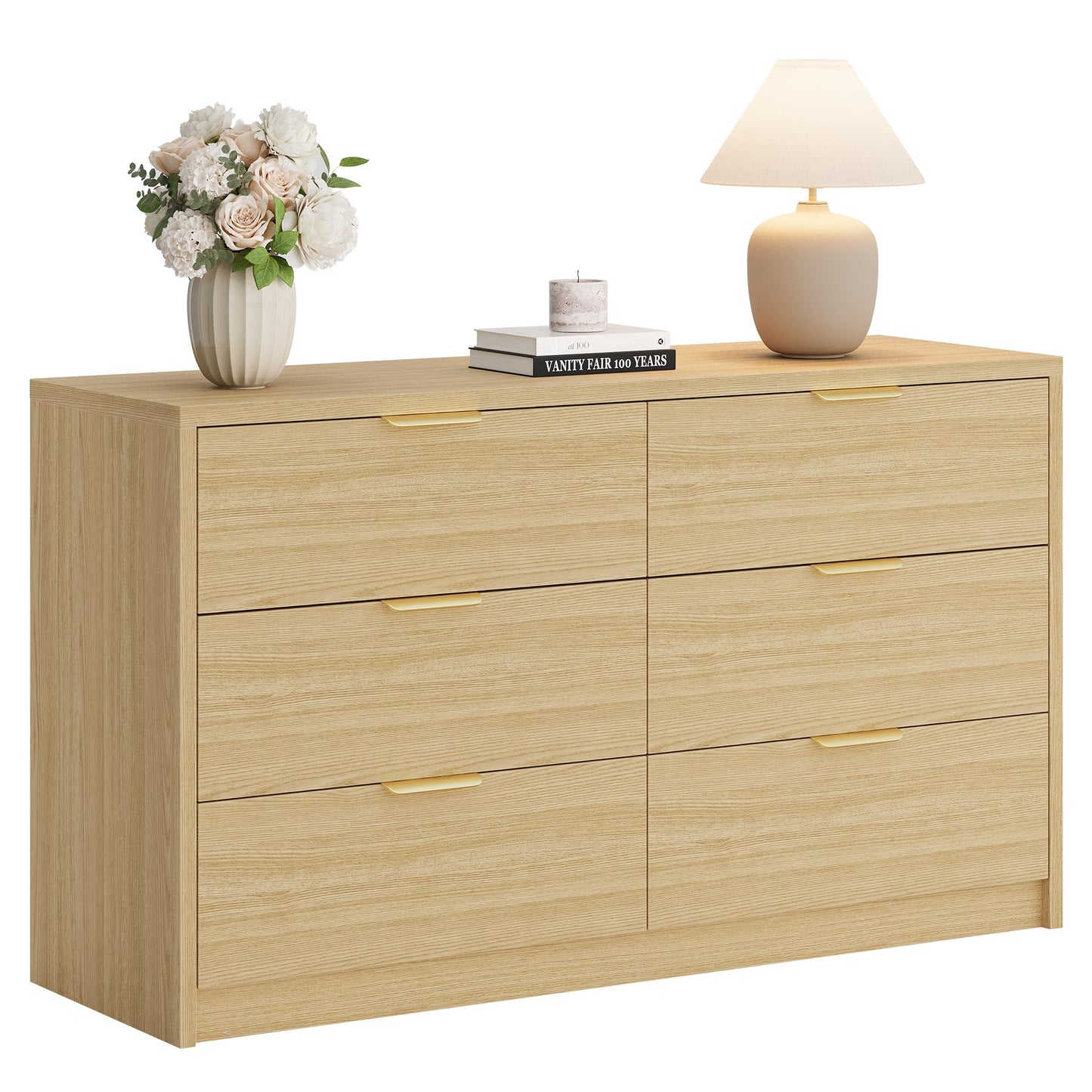 MapleGrace 53" Wide 6 Drawer Dresser for Bedroom, Modern Simple Wood Dresser Chest of Drawers Closet Store Organizer for Living Room, Hallway (Light Oak, 5.4" D x 53.1" W x 30.9" H (6 Drawers))