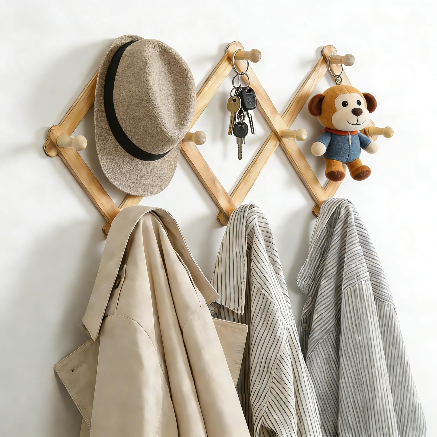 aevumygj Wooden Expandable Wall Hook Rack, Accordion Coat Hanger with 10 Hooks - Adjustable Width, No-Drill Adhesive or Drill Mount for Entryway, Hats, Keys, Bags (Natural Wood) (2)