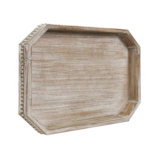 MAONAME Wood Serving Tray, Farmhouse Wooden Tray for Coffee Table, Octagonal Beaded Trays, Washed White Decorative Trays for Living Room, Kitchen, 15.7" X 10.2" X 1.6"