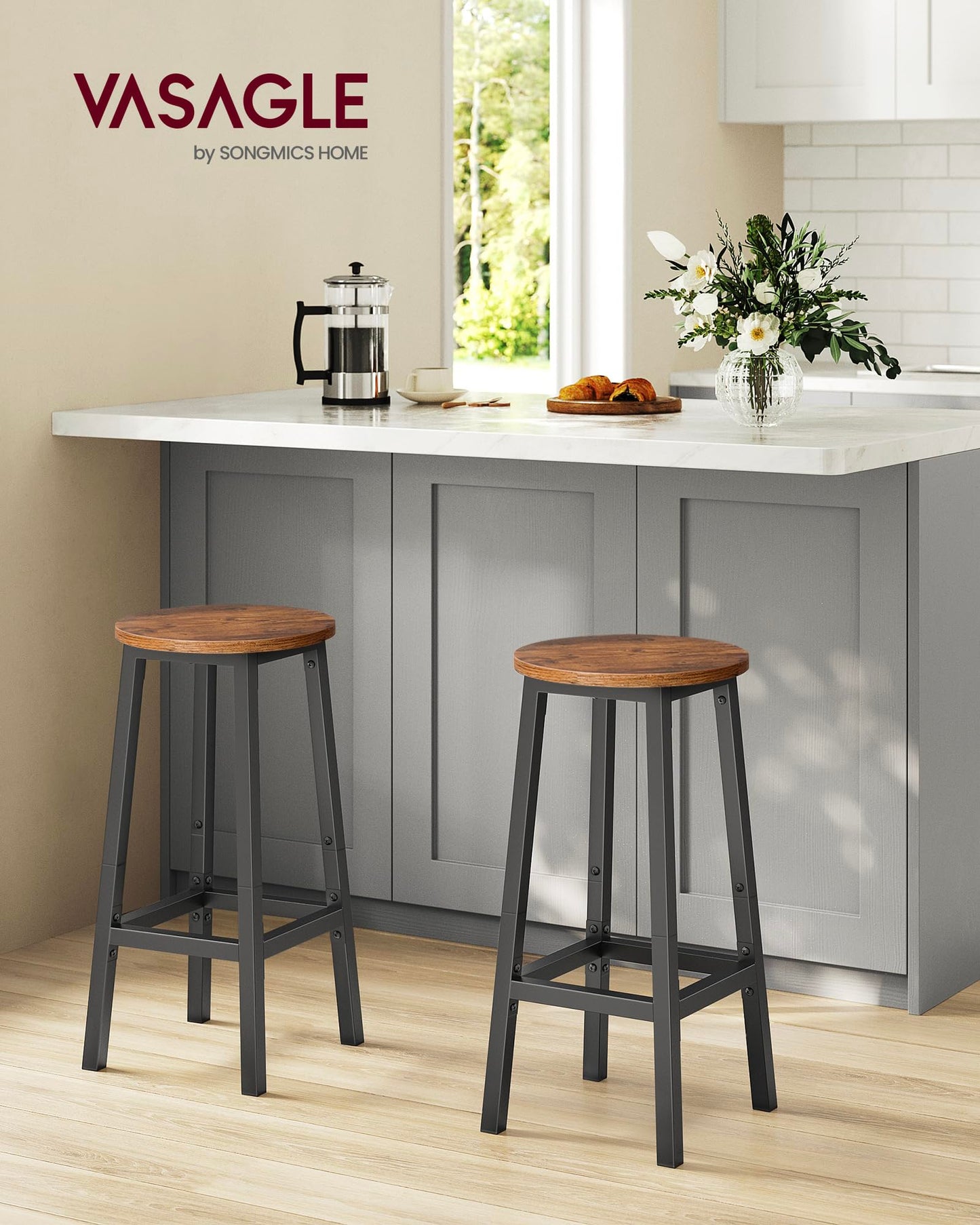 VASAGLE Bar Stools Set of 2, Counter Height Stools, Steel Frame, 25.2 Inch Tall, for Kitchen Dining, Easy Assembly, Industrial Design, Rustic Brown and Black ULBC32X
