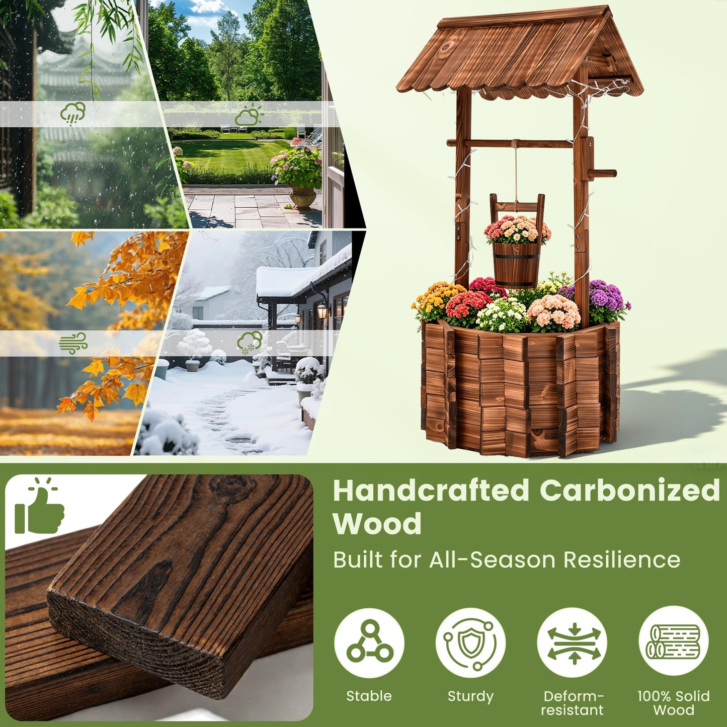 AUTO DAYA 54" Wooden Wishing Well Planter with 11-Mode LED Lights, Timer Settings, Rustic Outdoor Garden Decor with Adjustable Hanging Bucket, Drainage Base & Liner for Patio Yard Backyard