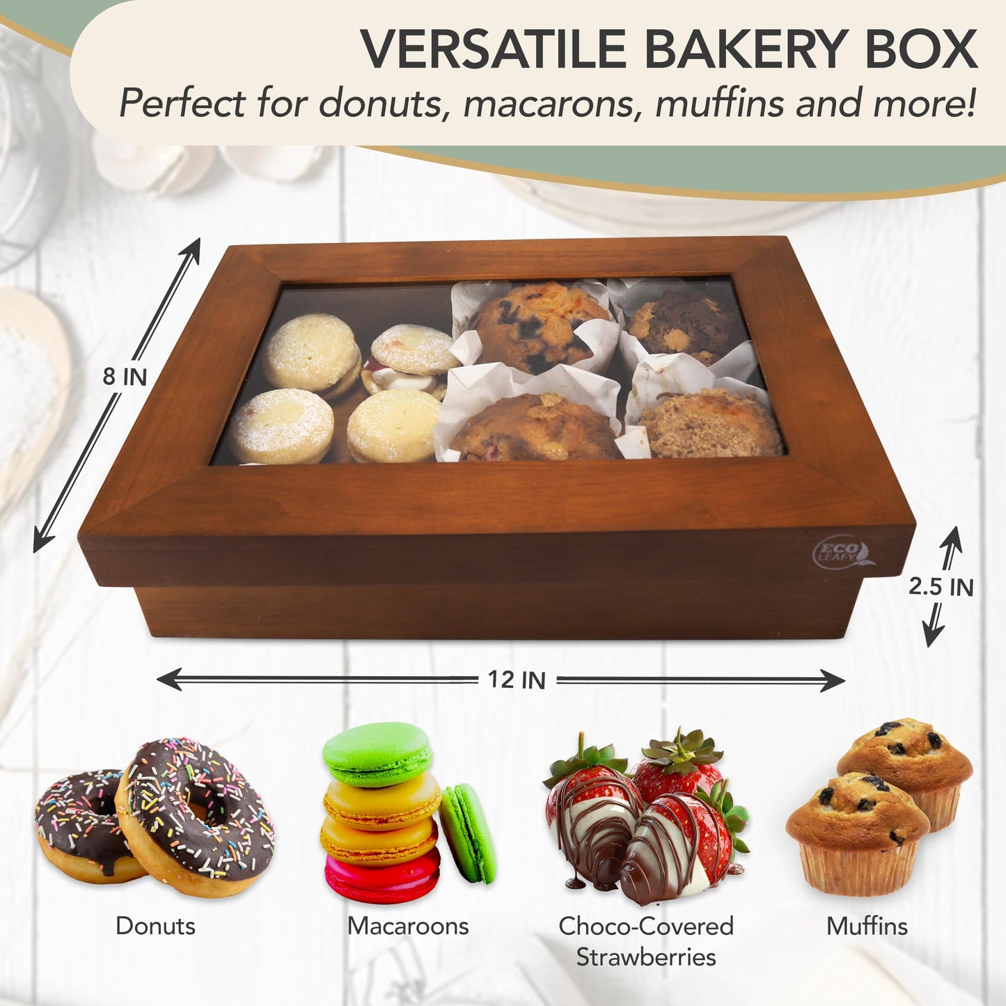 EcoLeafy Dot Wooden Bakery Box with Window - 12x8x2.5 Inches– Treat Boxes for Pastry, Desserts, Donuts, Muffins or Baked Goods- Comes with Reusable Canvas Bag-Ideal Baker Gifts for Women