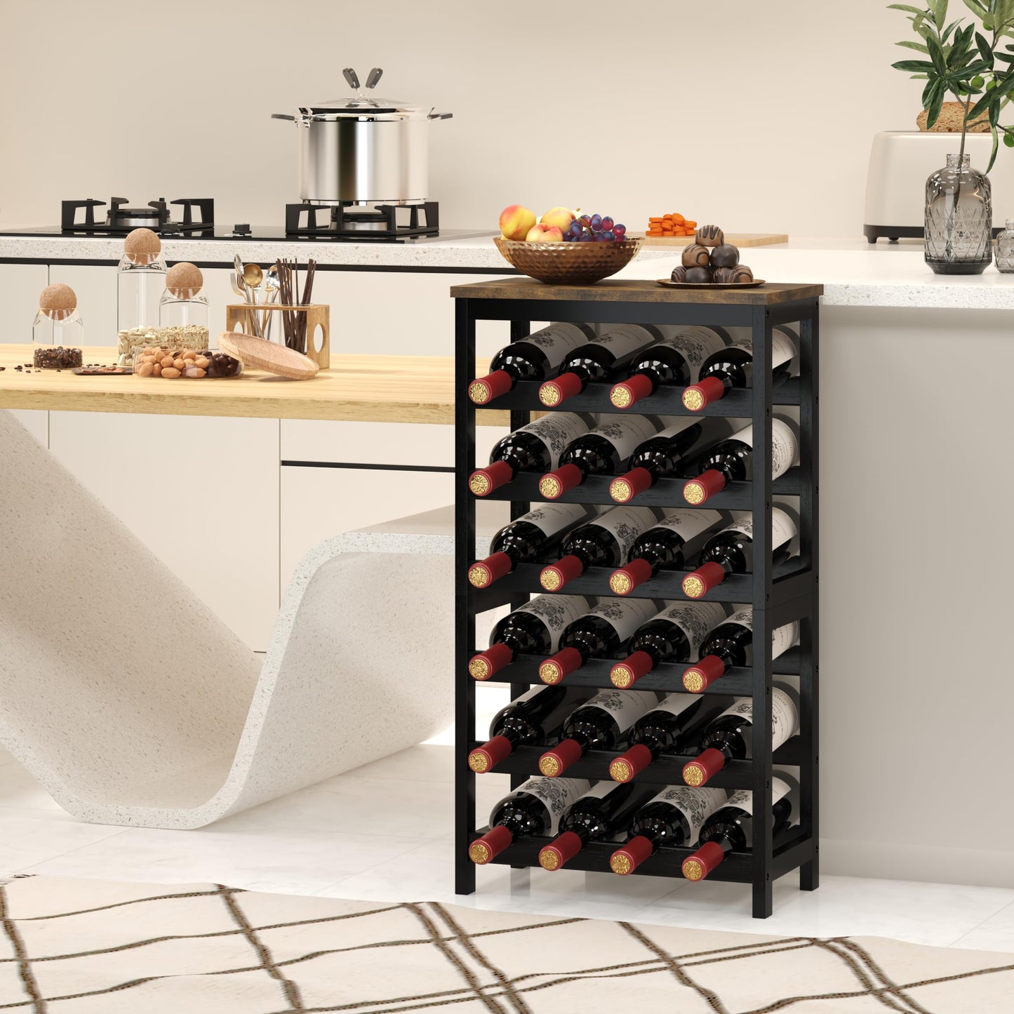 MOGELAFOO 6 Tier Bamboo Wine Rack Freestanding Floor, 24 Bottles Wine Storage Shelves with Table Top, Stackable Wine Display Rack for Kitchen, Bar, Dining Room, Black