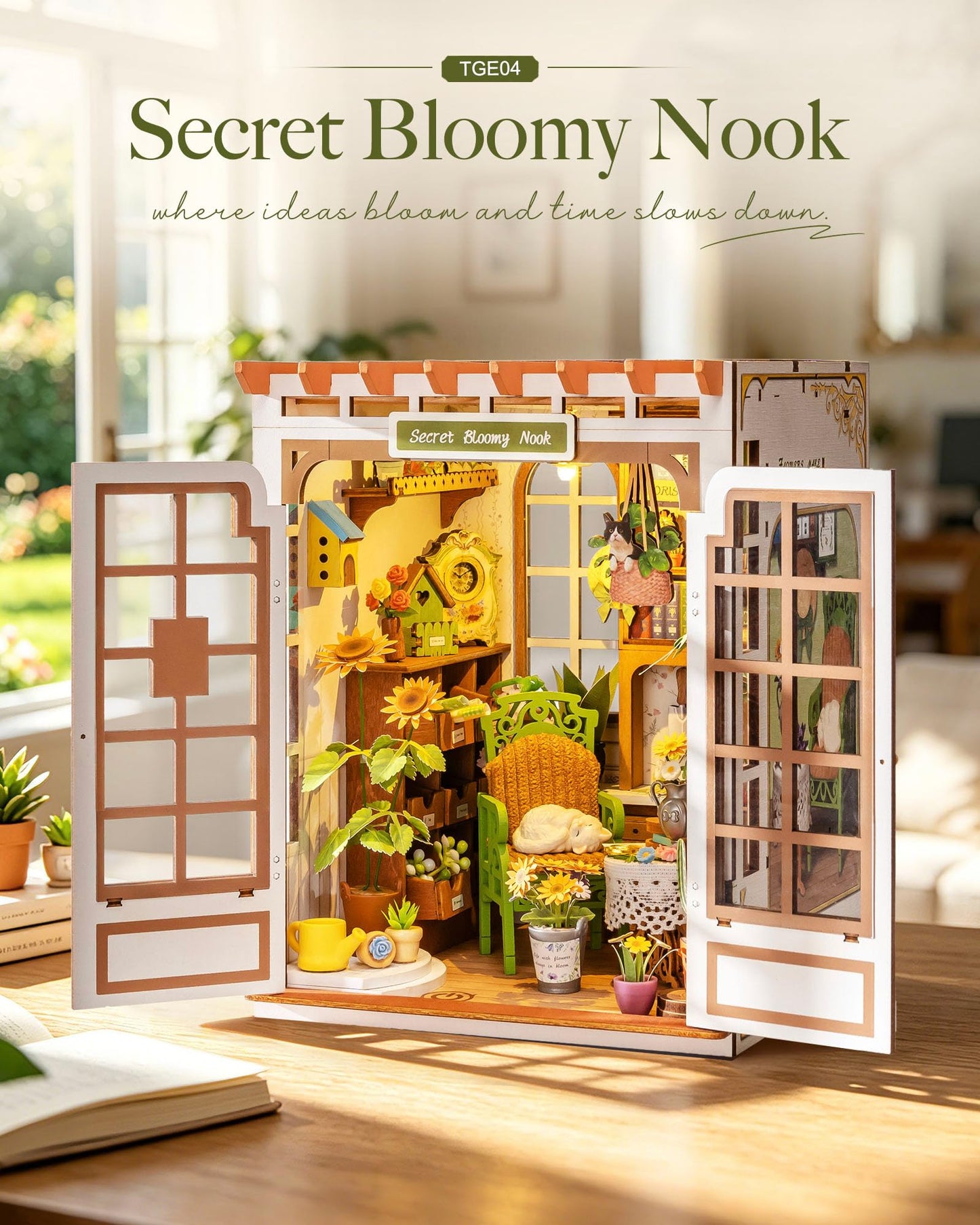 Rolife 6 hrs DIY Book Nook Kit, Secret Bloomy Nook TGE04 3D Wooden Puzzle Floristry Garden, Miniature Dollhouse Bookend with Touch LED Lights, Arts and Crafts Gift for Adults
