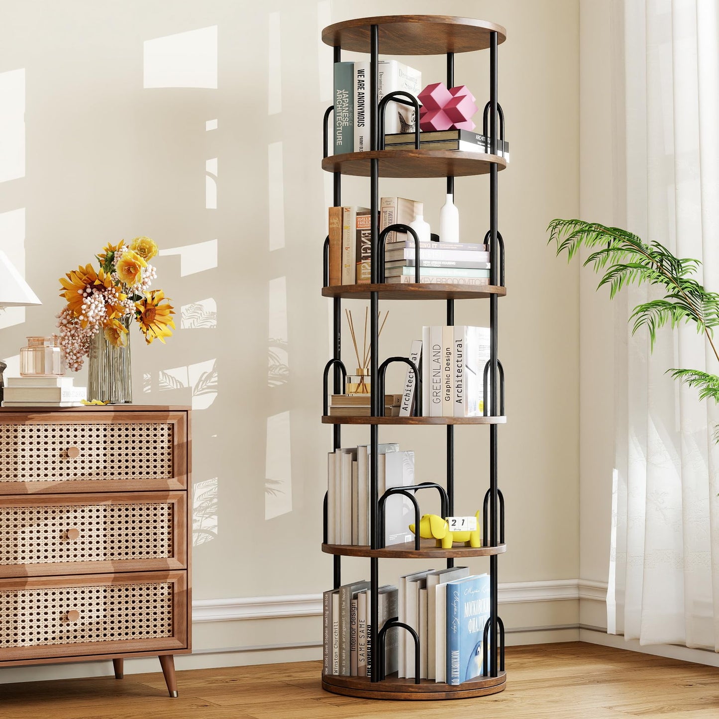 5 Tier Rotating Bookshelf, Corner Wooden, Metal Skinny Bookshelf for Toy Lego Dispaly Book Shelf Room Storage Organizer Furniture Black Tall Bookcase for Bedroom Living Room Office Kitchen Shelf
