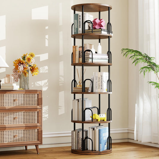 5 Tier Rotating Bookshelf, Corner Wooden, Metal Skinny Bookshelf for Toy Lego Dispaly Book Shelf Room Storage Organizer Furniture Black Tall Bookcase for Bedroom Living Room Office Kitchen Shelf