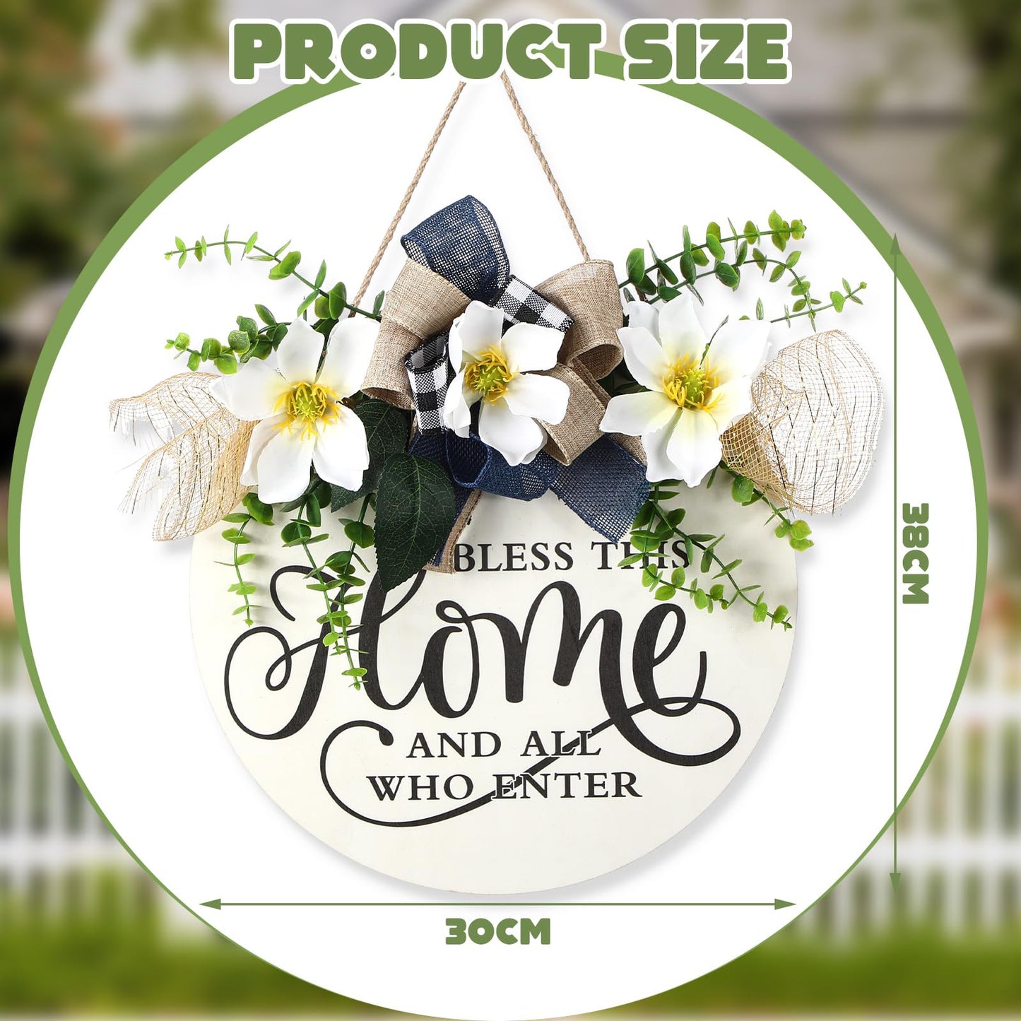 Kathfly Bless This Home and All Who Enter Wooden Front Door Sign Welcome Sign for Front Door Magnolia Summer Wreath 12 Inch Christian Home Decor Jesus Round Rustic Wall Hanging Decor for All Season