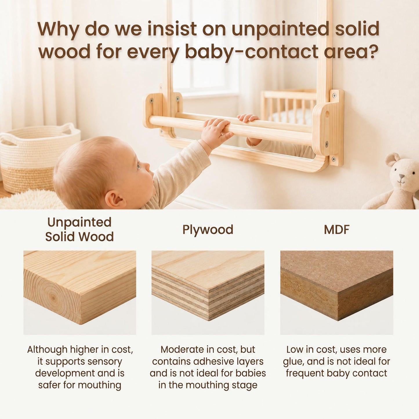 Woodtoe 3-in-1 Montessori Mirror with Bar, Adjustable Toddler Mirror & Pull Up Bar, Montessori Learning Toy for Baby 6-18 Months, Nursery Mirrors, Natural Wood Furniture for Daycare, Kids Classroom