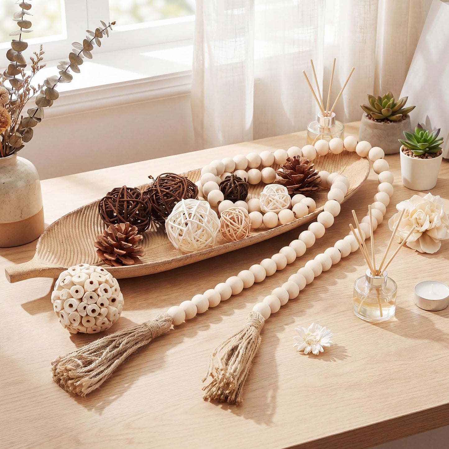 Acellegic 14 Pcs Wooden Centerpiece Table Decorations 16 Inch Leaf Shaped Wood Dough Bowl with Wicker Rattan Balls Beads String Decorative Tray Rustic Vase Bowl Filler for DIY Farmhouse Home (Rustic)