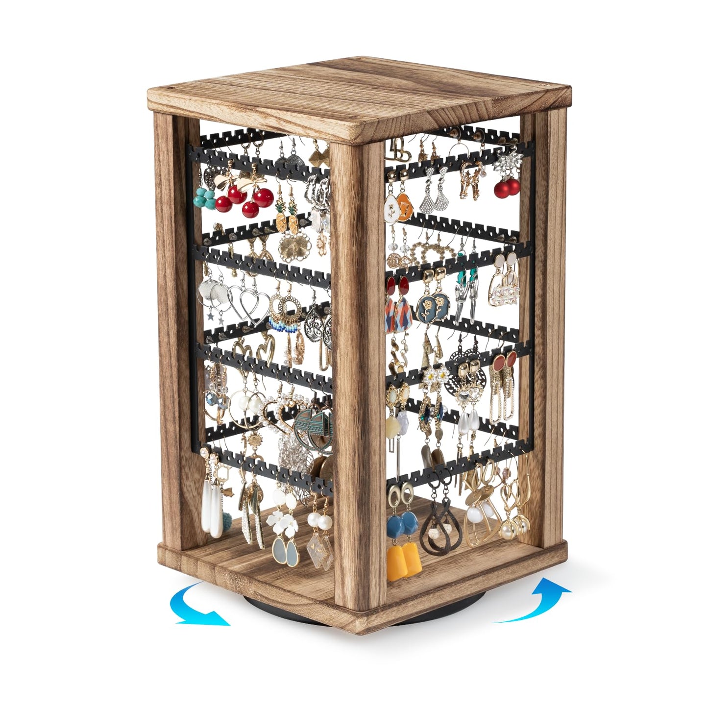 Emfogo 360 Earring Holder Organizer, Rustic Wood Earring Stand, Rotating Wooden Display, 4 Tiers Earring Organizer Stand for Stud Earrings, Hoop Earrings & Necklaces, Women Gifts