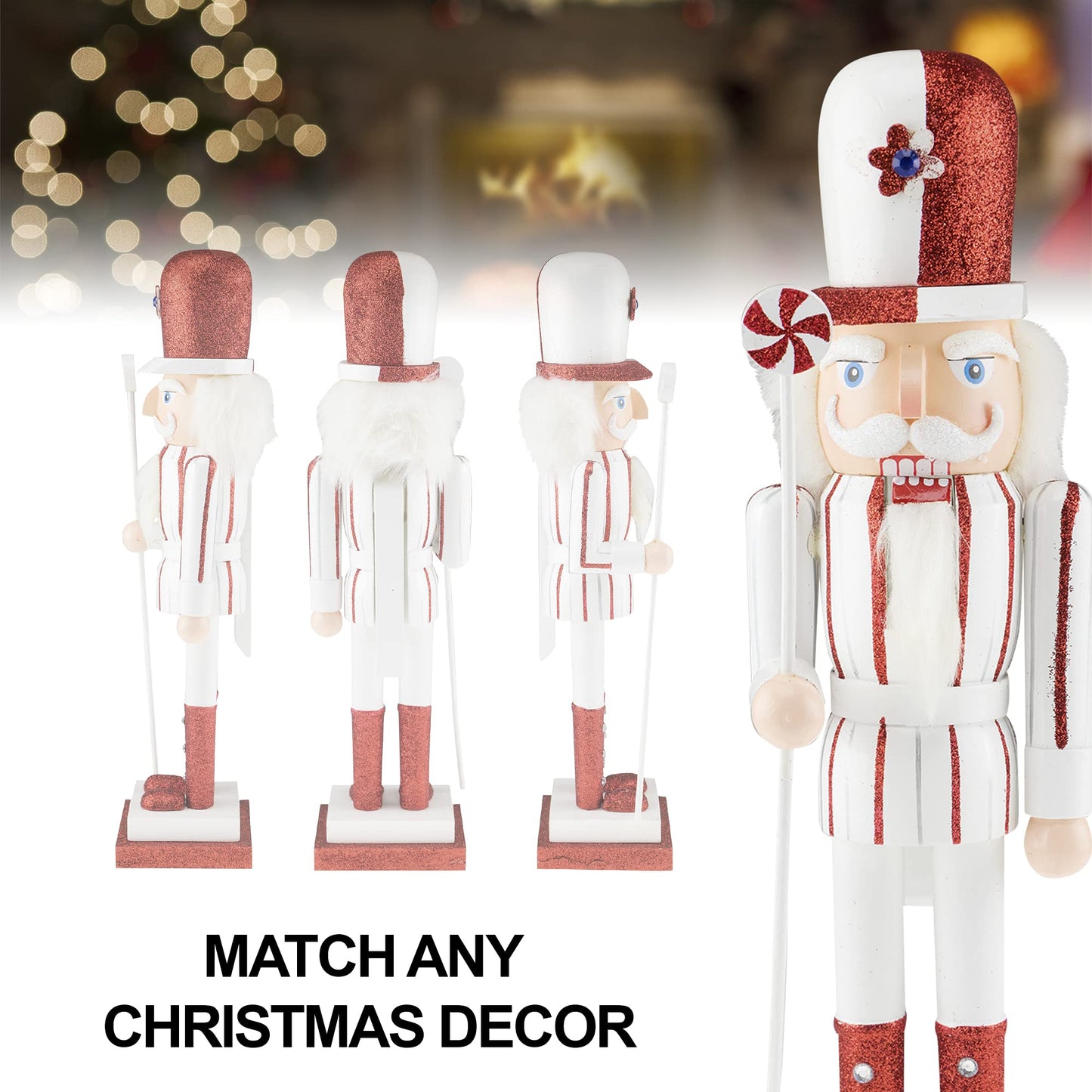 Clever Creations Peppermint 15 Inch Traditional Wooden Nutcracker, Festive Christmas Décor for Shelves and Tables