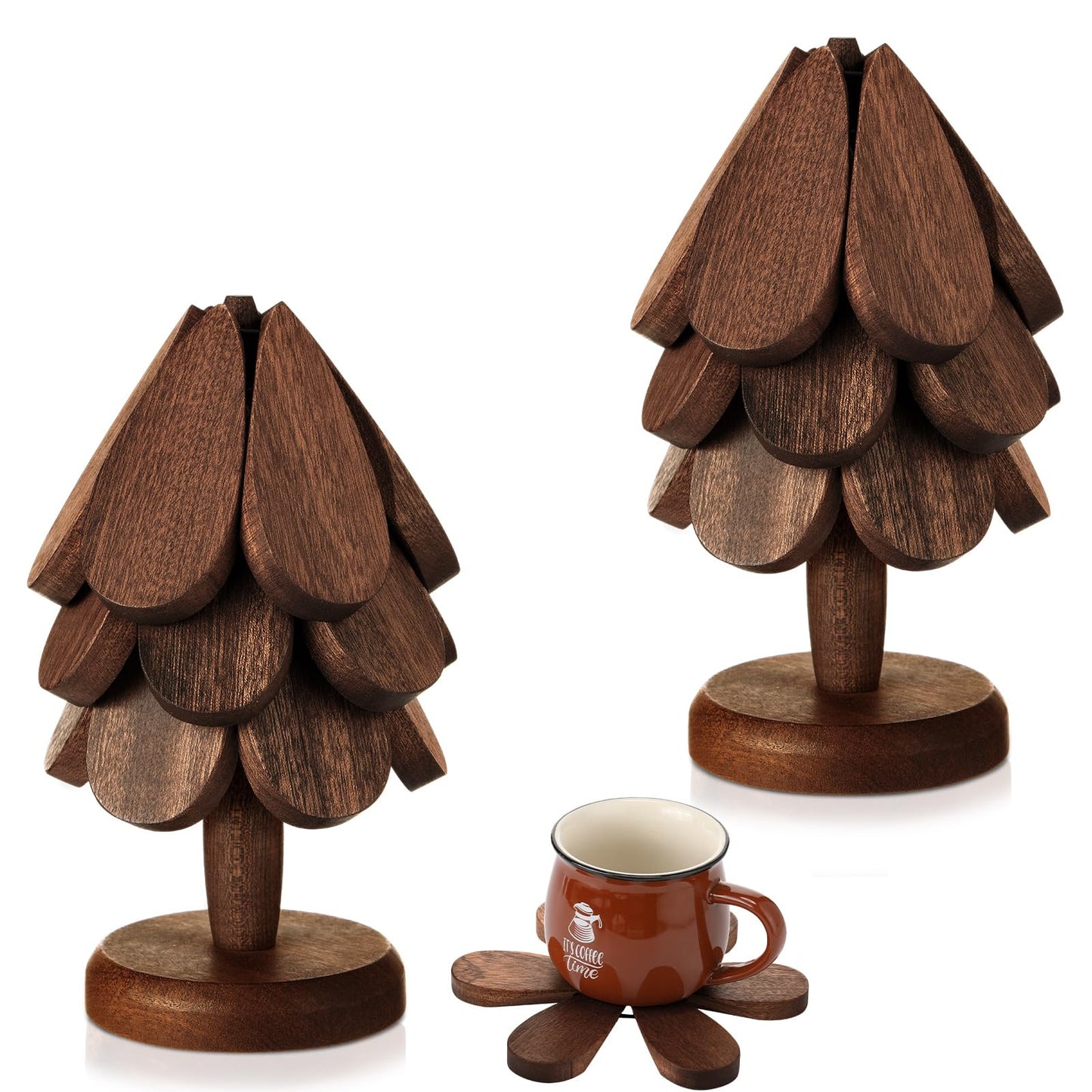 Suzile 2 Set Wooden Trivets - Tree Shape Foldable Heat Resistant Pads for Teapot Pans Bowl Kitchen (3 Layers)