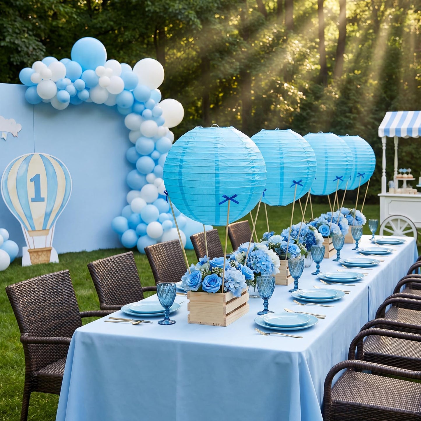 Gerrii 8 Sets Blue Hot Air Balloon Table Centerpieces, 8" Paper Lanterns with Wooden Crates Bamboo Sticks and Bows, DIY Hot Air Balloon Decor for Bridal Shower Wedding Bachelorette Birthday Party