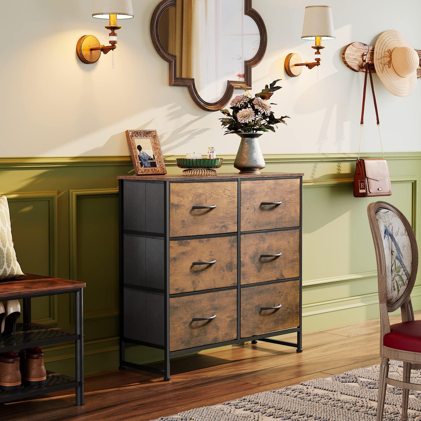 WLIVE Dresser for Bedroom with 6 Drawers, Closet Dresser with Metal Frame, Wooden Top, Fabric Dresser for Closet, Living Room, Hallway, Rustic Brown Wood Grain Print