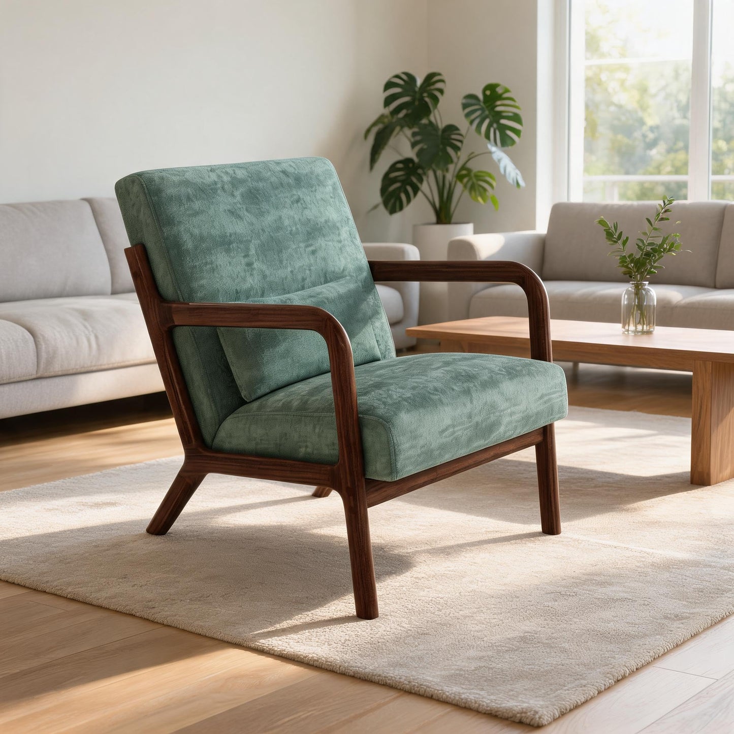 PeacefulHues Corduroy Accent Chair,Mid-Century Modern Wooden Accent Chair with Wood Legs,Comfy Upholstered Reading Leisure Chair for Living Room Bedroom Waiting Room,Green