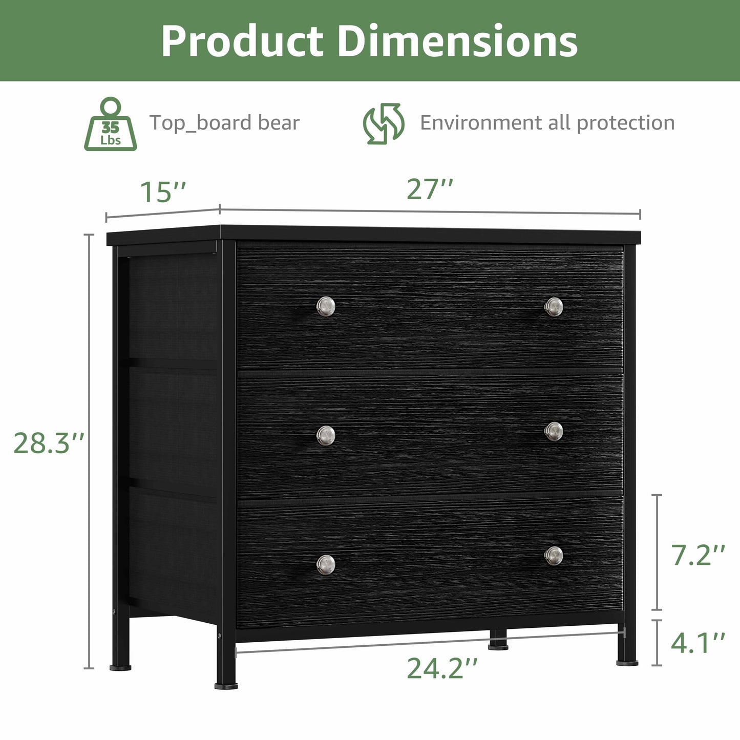 BOLUO Black Nightstands Set of 2, Large Night Stand Fabric 3 Drawer Dresser for Bedroom Closet,Girls Modern