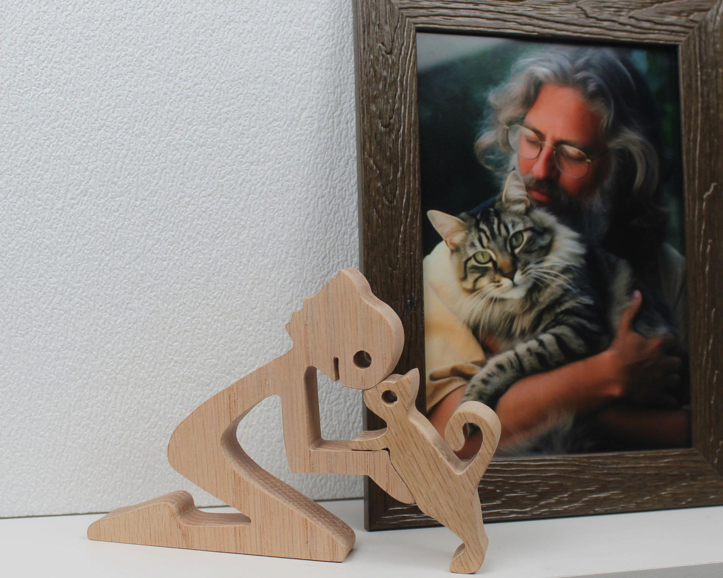 Wooden Cat & Man Figurine in Colors: Natural & Dark-Aged Oak. Boy and Kitten Wooden Statue Personalized Engraved Gift Box Wood Animal Ornament Pet Lovers Gift Handcrafted Oak Collectible Sculpture