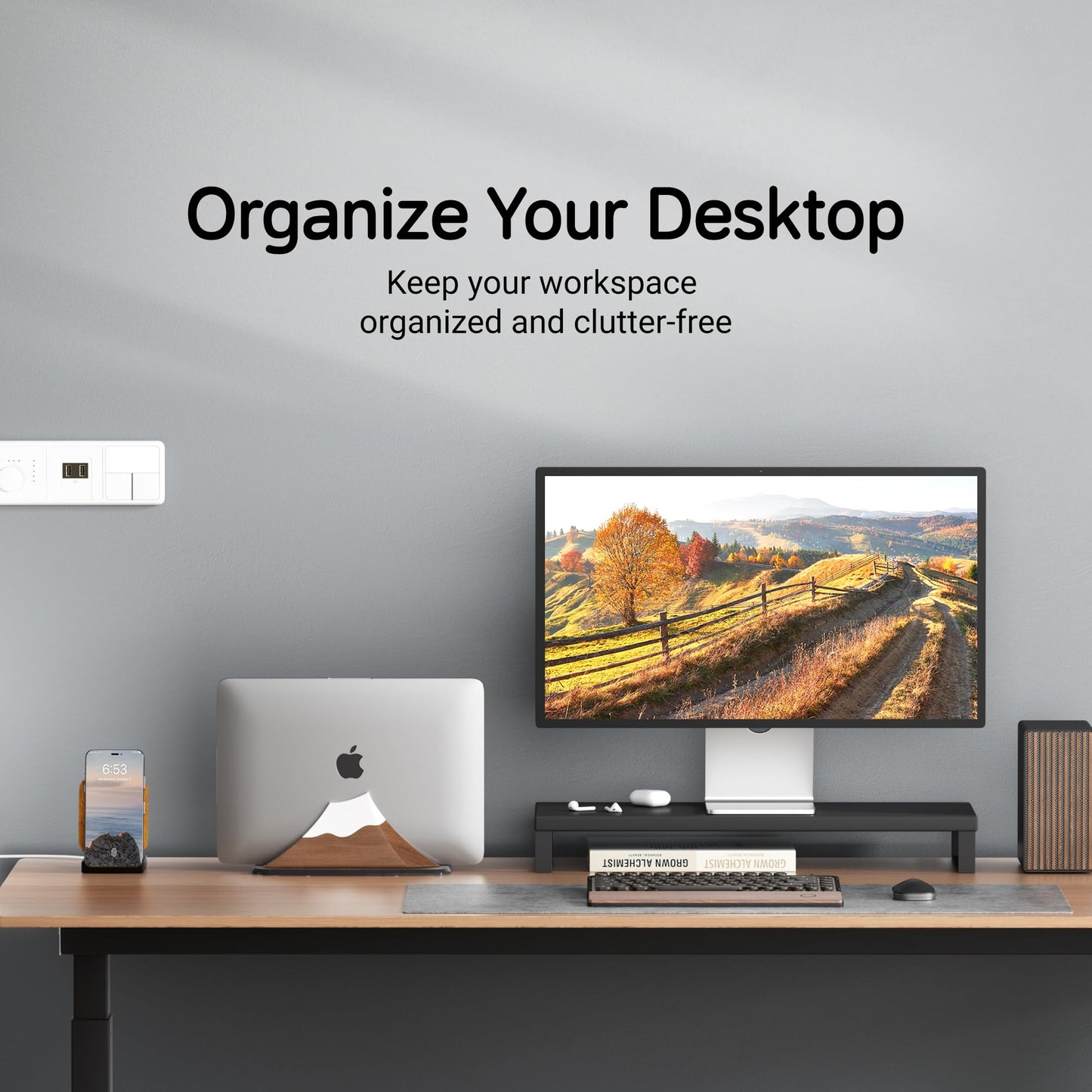 AFOOYO Vertical Laptop Stand - Snow Peak-Shaped Wooden Holder Dock Compatible with MacBook, Surface, Chromebook, Dell & More - Space-Saving Design for All Laptops,Walnut Finish