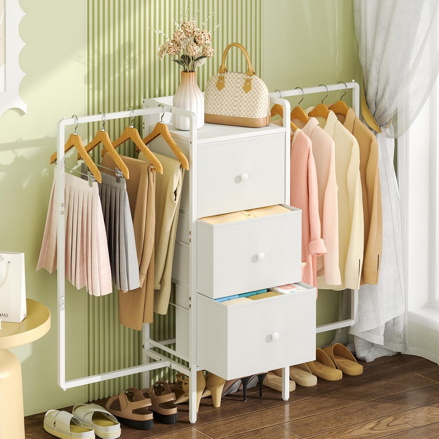 3IngSeagulls Kids Dressers for Bedroom with 2 Hanging Racks, Small Dresser for Bedroom with 3 Drawers, 53'H Faric Chest of Drawers with Clothes Rack, Small White Dresser for Kids with Wooden Top