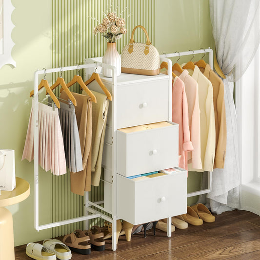 3IngSeagulls Kids Dressers for Bedroom with 2 Hanging Racks, Small Dresser for Bedroom with 3 Drawers, 53'H Faric Chest of Drawers with Clothes Rack, Small White Dresser for Kids with Wooden Top