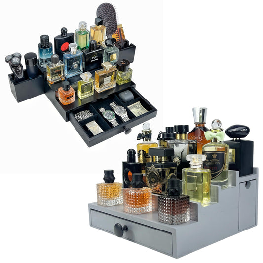 3 Tier Black Cologne Organizer with 4 Tier Grey one