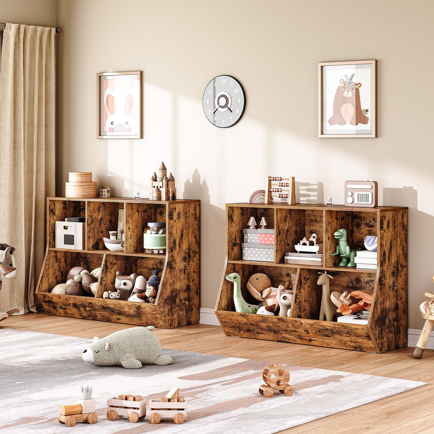 HOOBRO Kids Bookshelf, Bookcase Footboard, Toy Storage Cubby, 35.4" L Children's Toy Shelf, Toy Storage Cabinet, Fit for Children's Room, Playroom, Hallway, Kindergarten, Rustic Brown BF32CW01