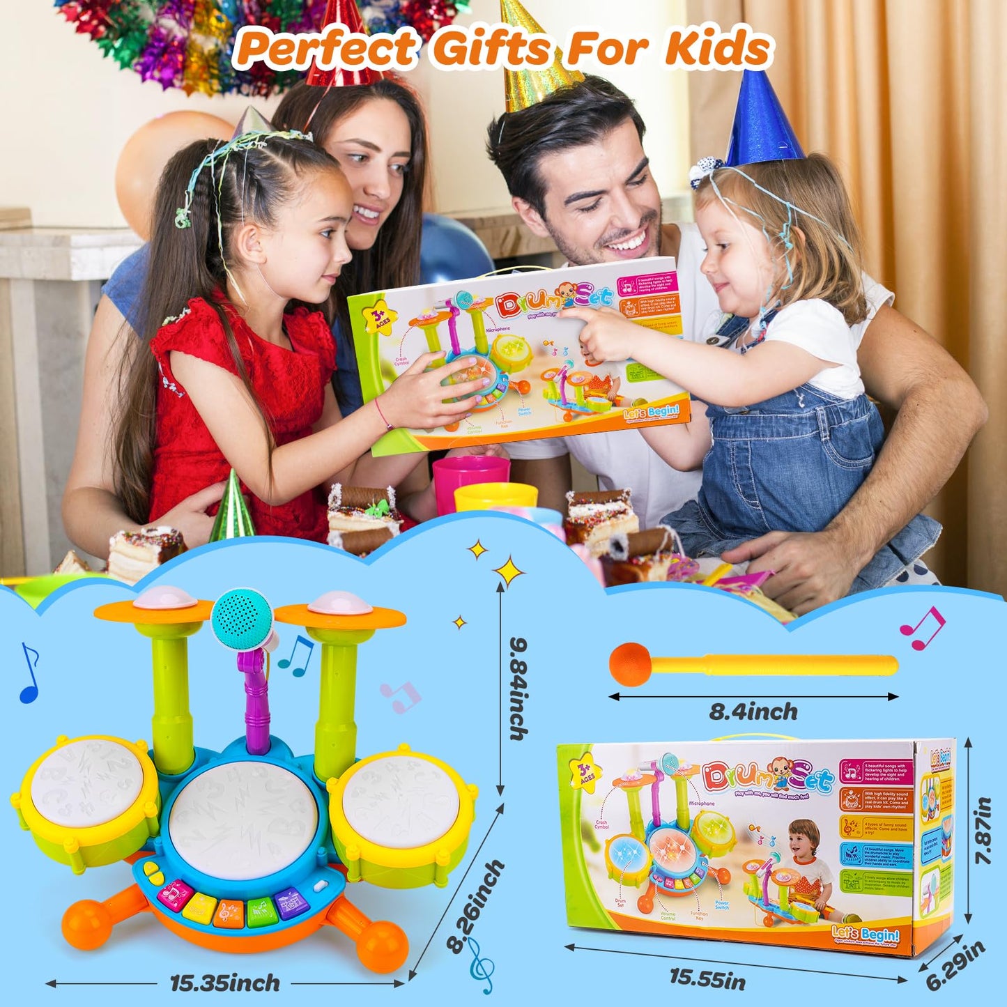 Kids Drum Set for Toddlers Musical Baby Toys Boy Gifts Montessori Baby Girl Toys with Microphone Light Up Learning Toys Birthday Gifts for Infants Toddler Age 3+